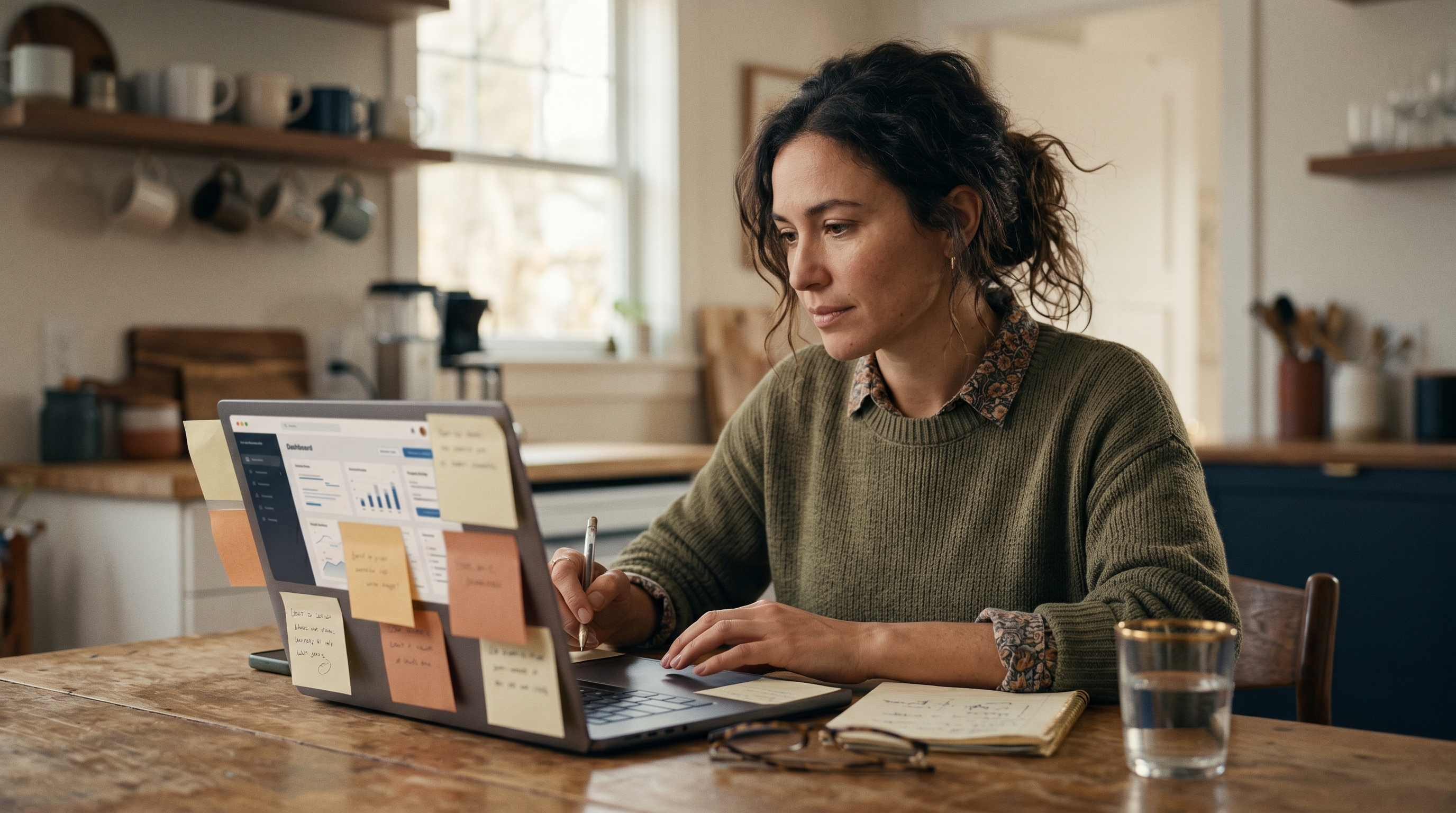 Small business owner sitting at a kitchen table comparing AI website builder options on a laptop with sticky notes around