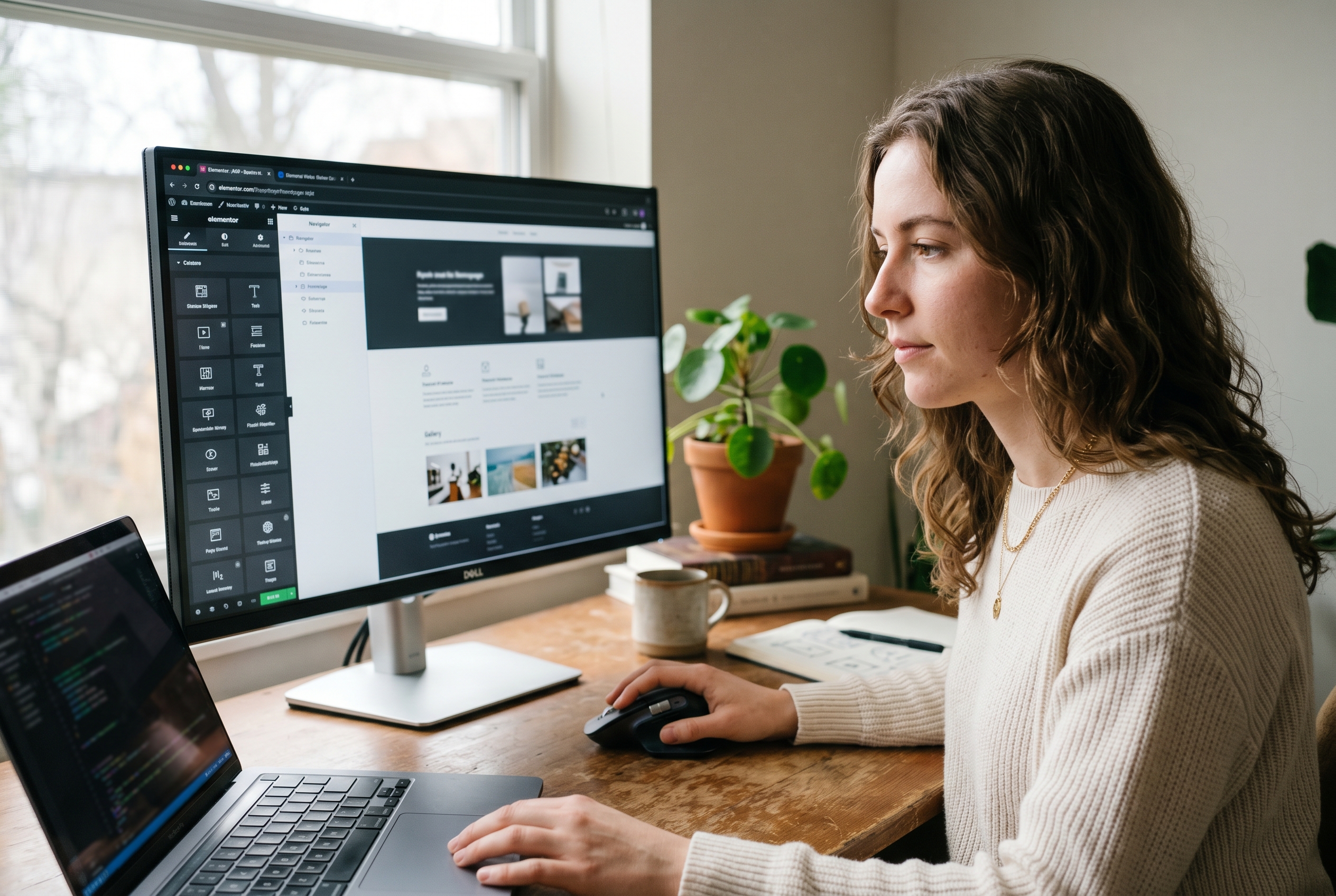 Designer reviewing a freshly AI-generated WordPress homepage on a large monitor with the Elementor editor open