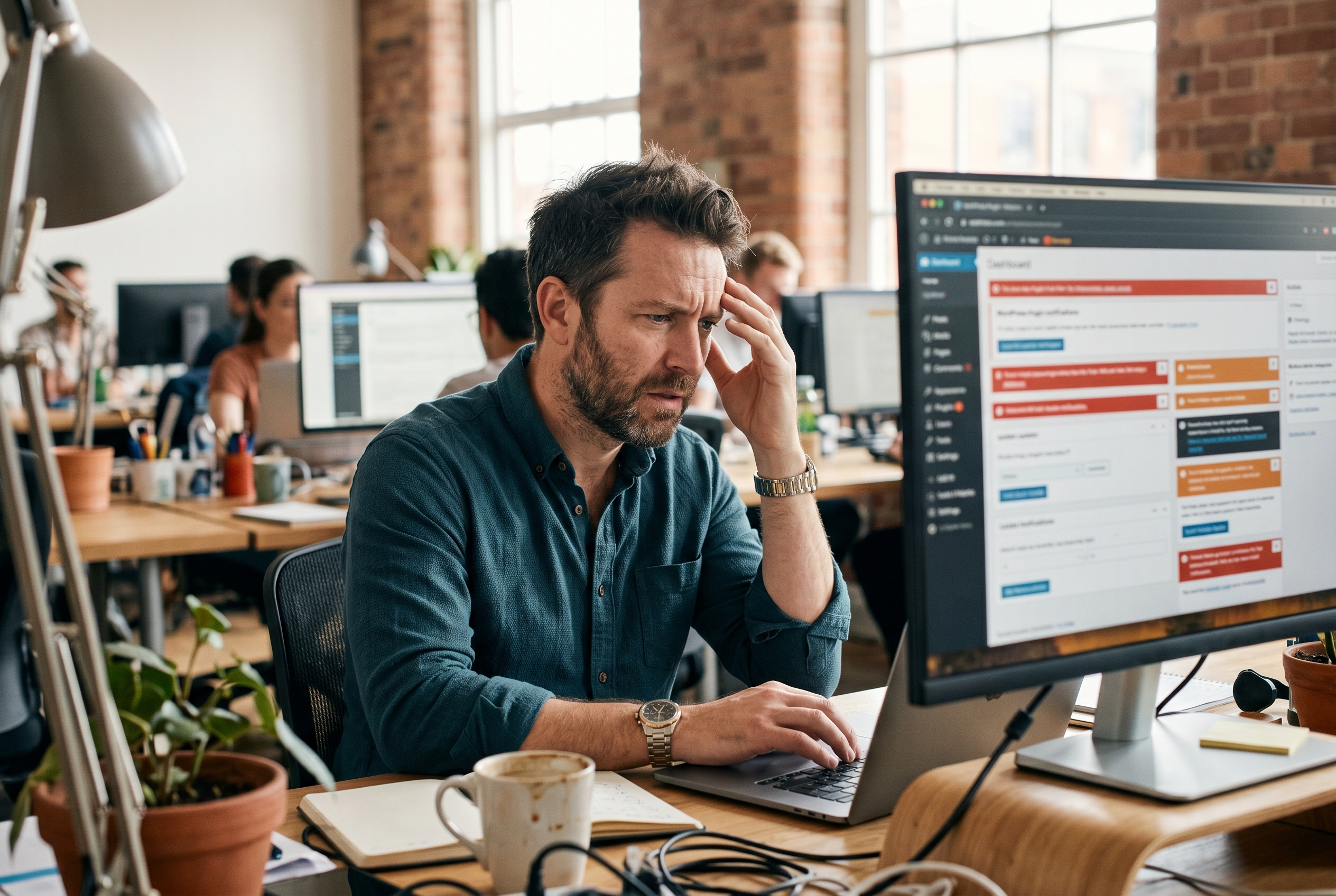 Frustrated merchant looking at a screen showing dozens of WordPress plugin update notifications and error warnings
