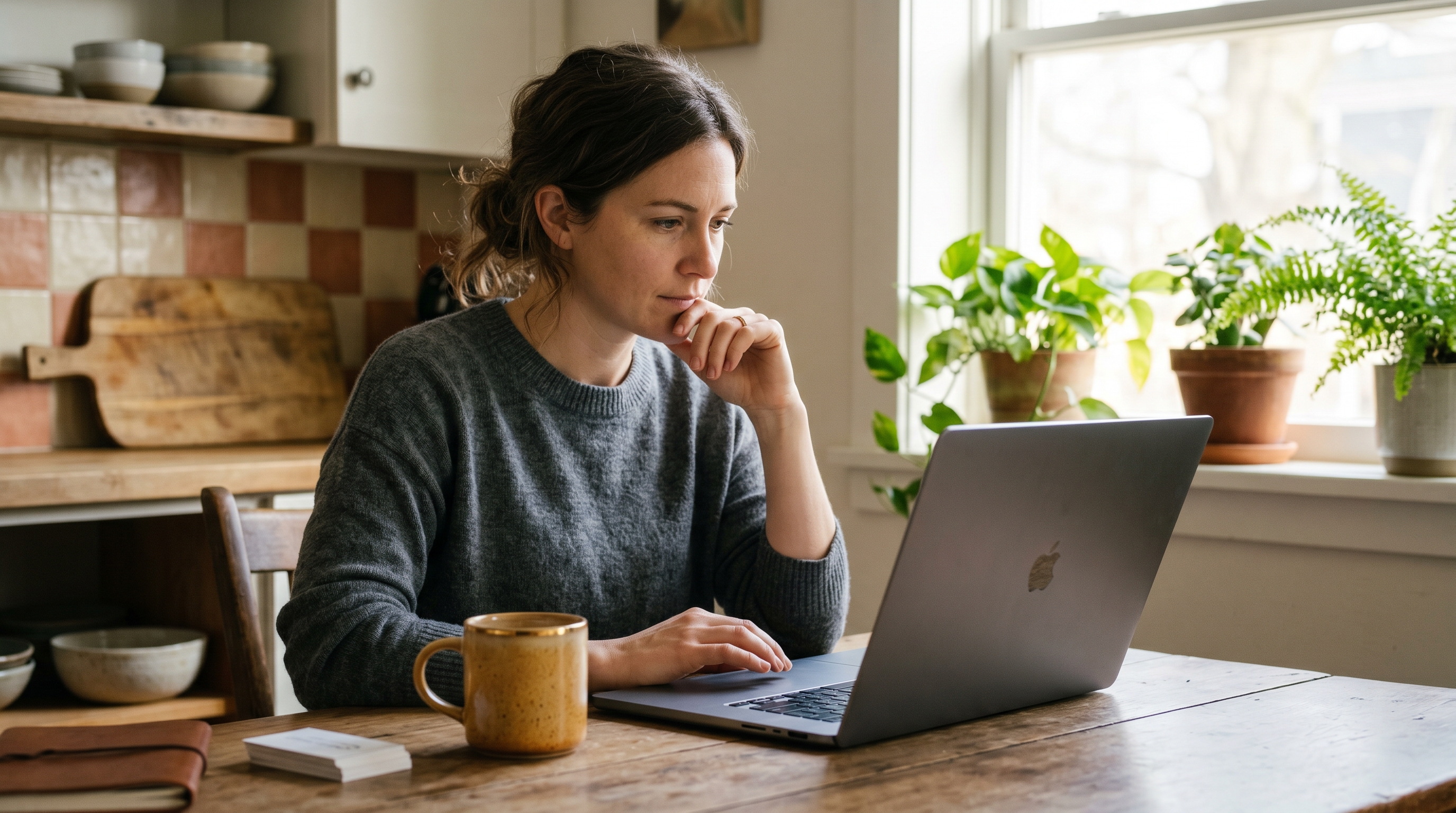 Small business owner comparing website builder options on a laptop at a kitchen table with a coffee mug nearby