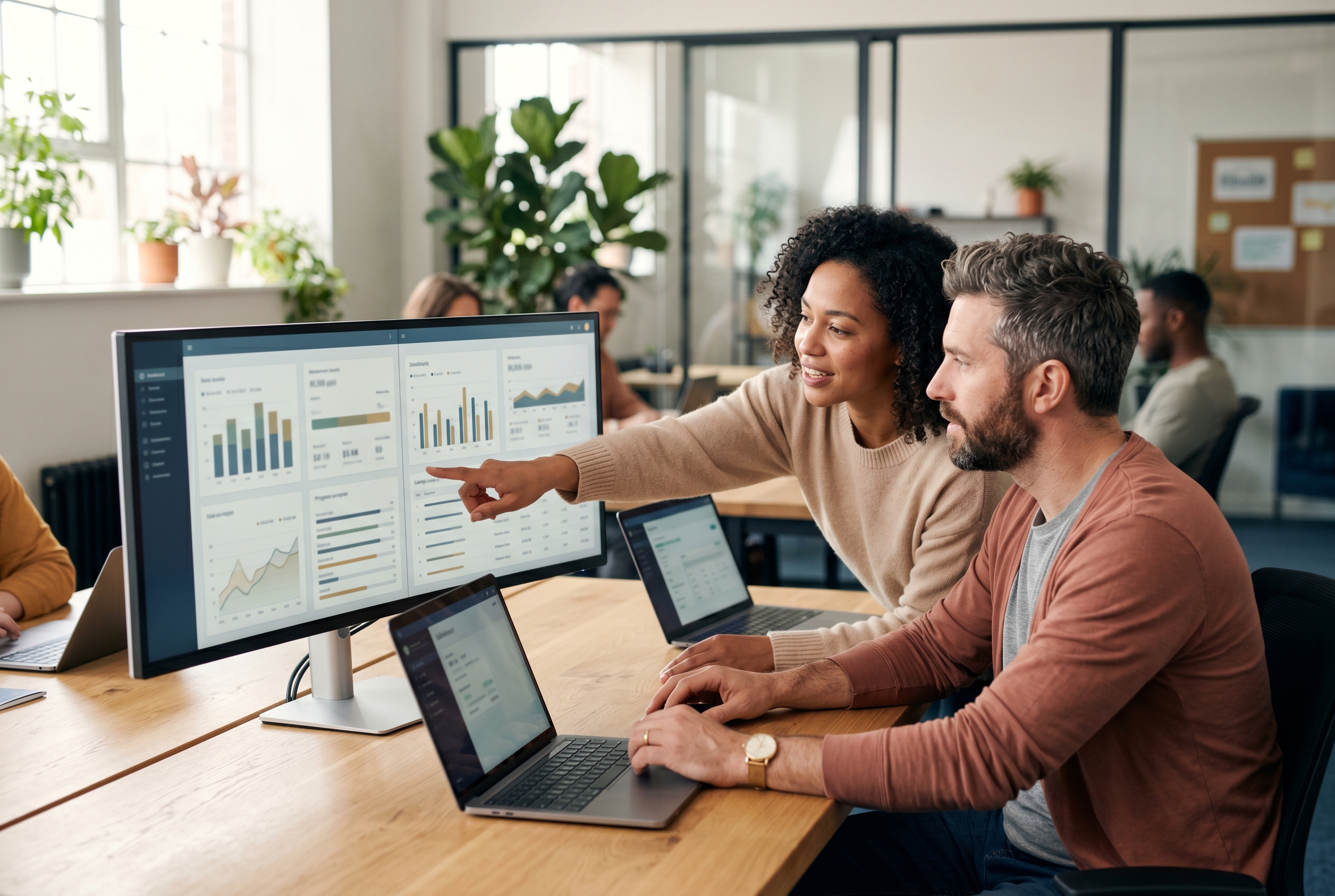 Two founders reviewing several builder dashboards side by side on a wide monitor in a bright modern office