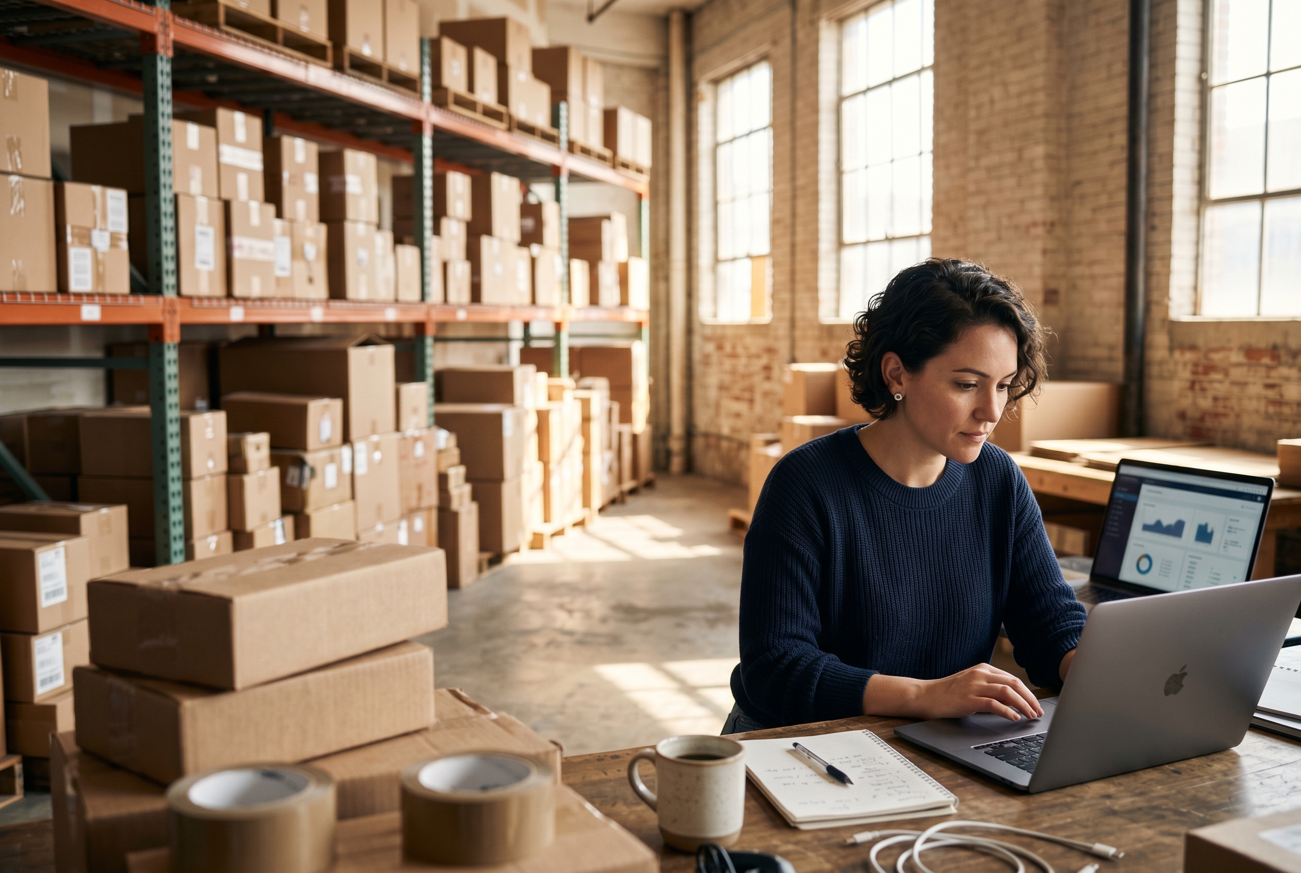 Founder reviewing store analytics on a laptop in a sunlit warehouse with packed shipping boxes stacked behind her