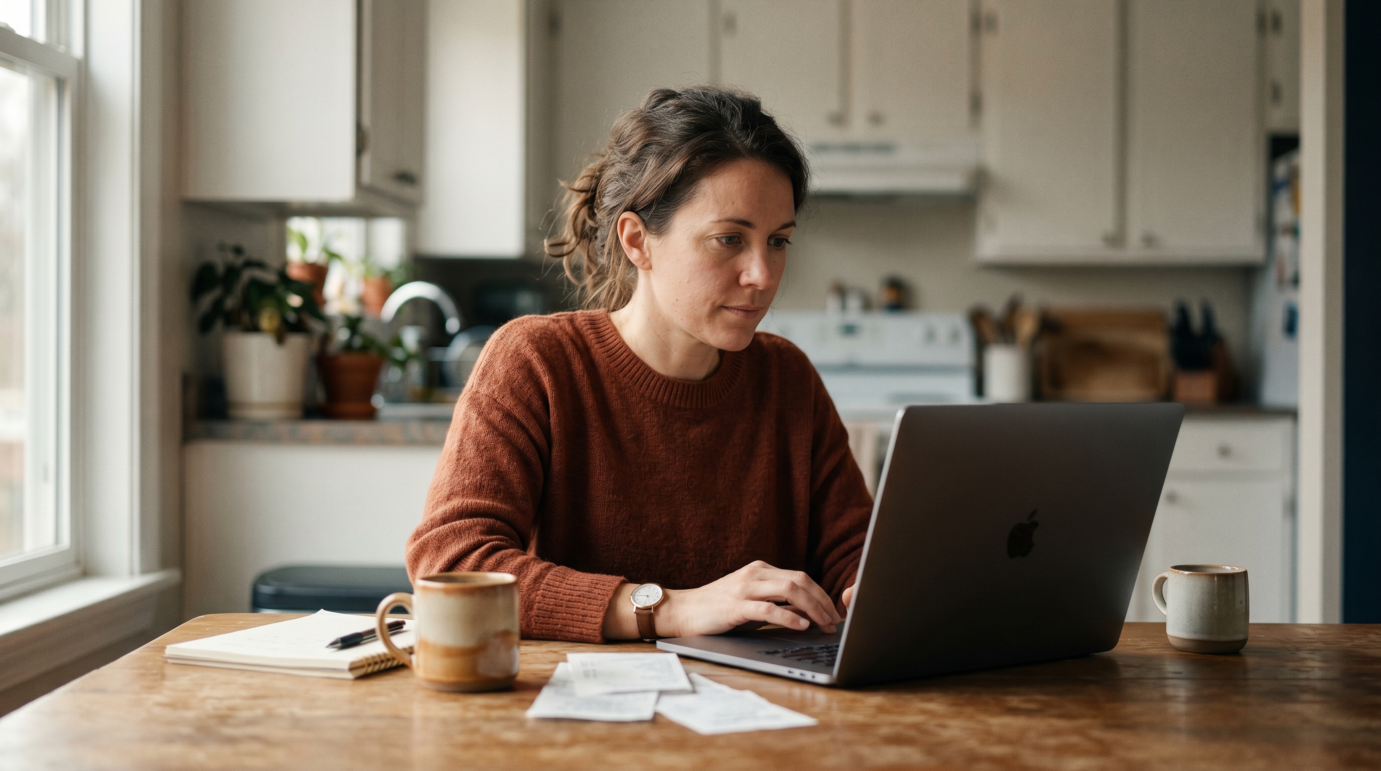 Small business owner comparing website builder pricing pages on a laptop at a kitchen table with a coffee mug nearby