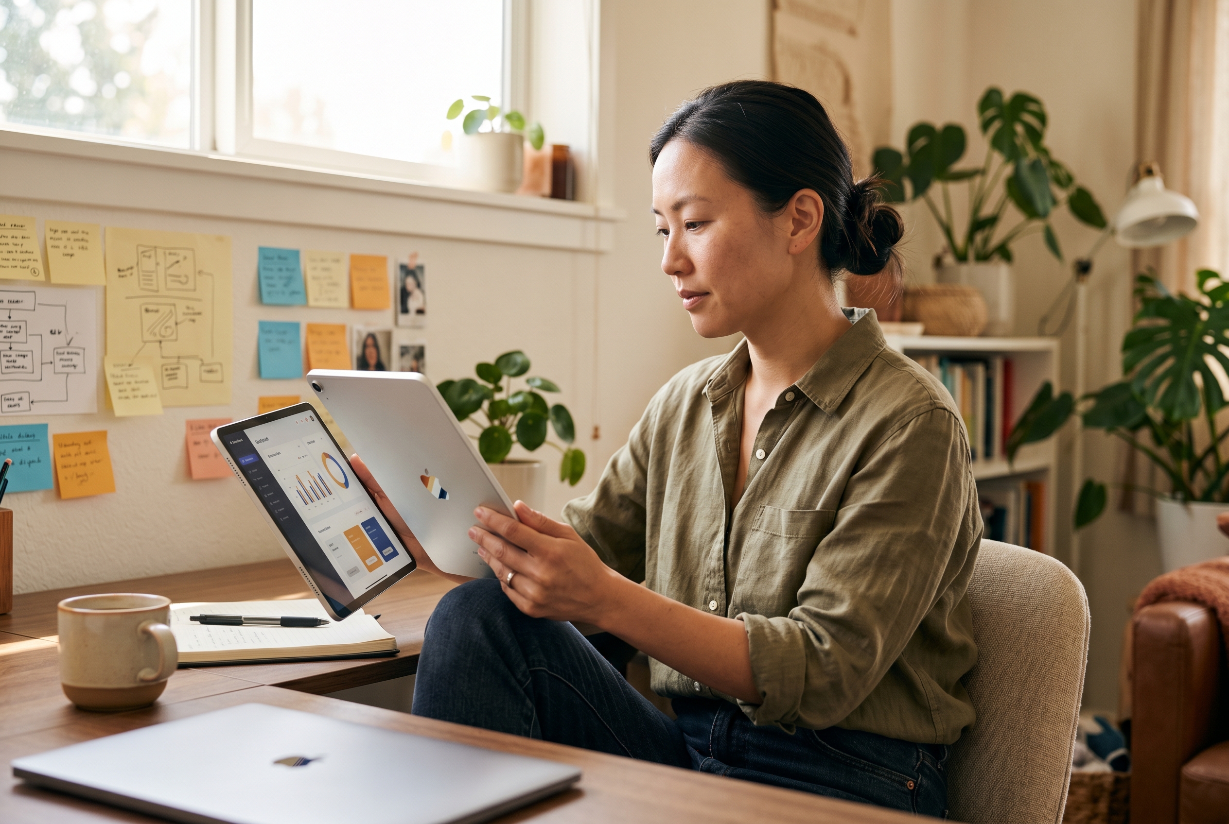 Founder reviewing subscription tiers on a tablet in a sunlit home office with sticky notes on the wall