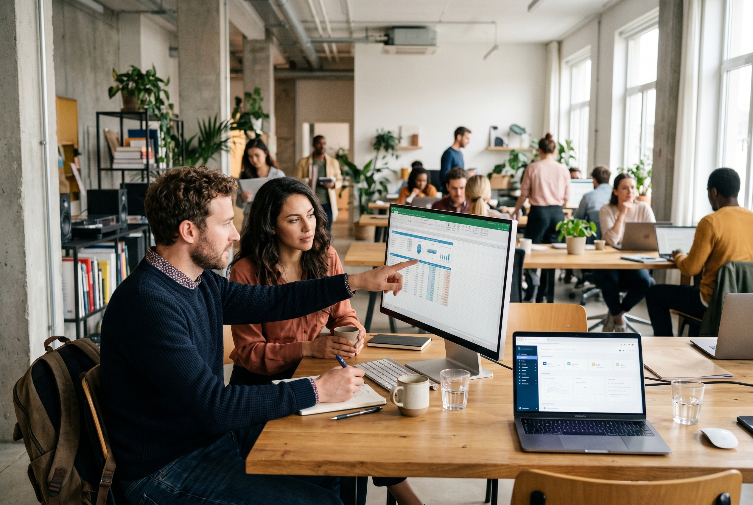 Two people reviewing a spreadsheet of monthly software costs on a wide monitor in a co-working space