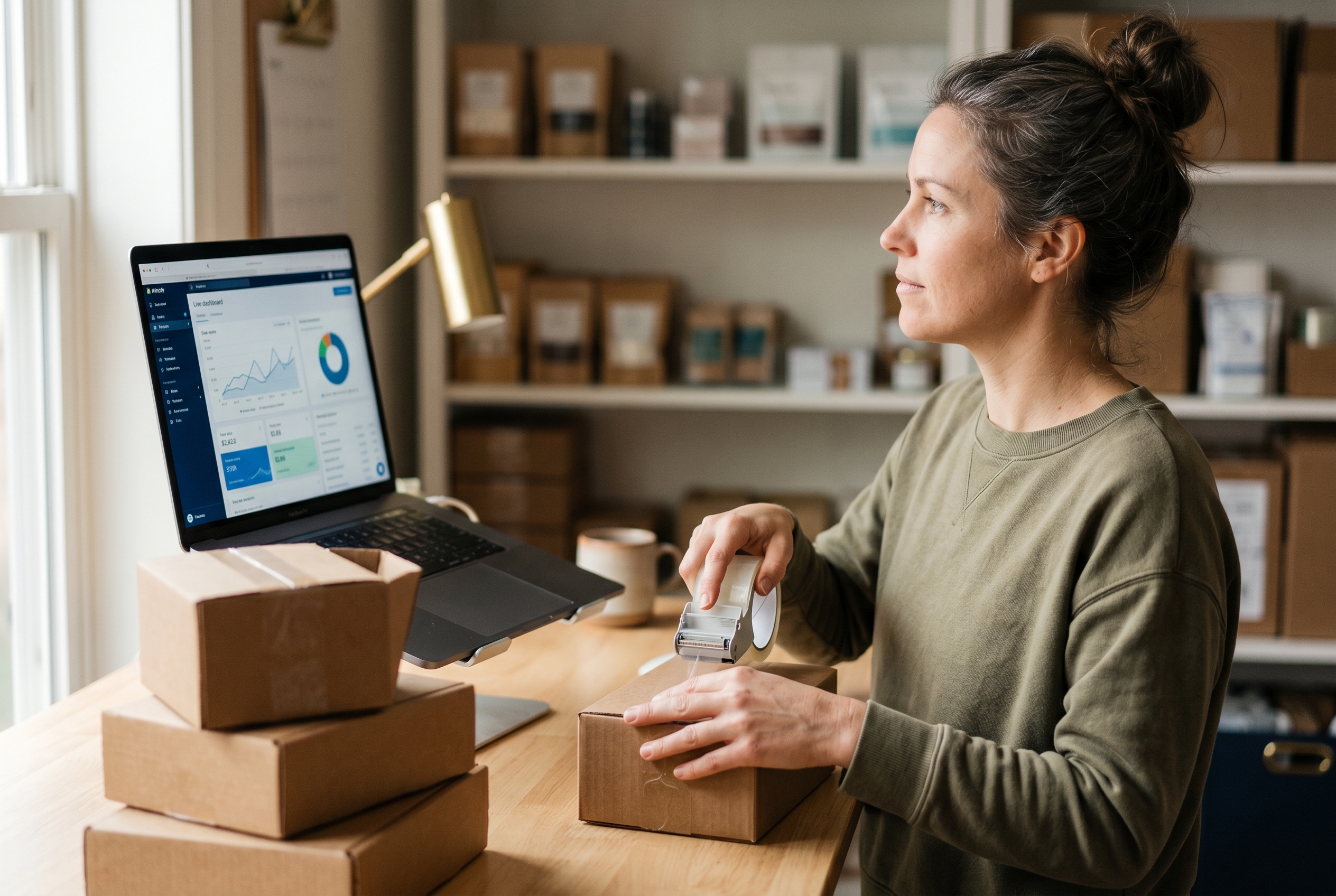 Online store owner packing orders at a standing desk while glancing at a live sales dashboard on a laptop