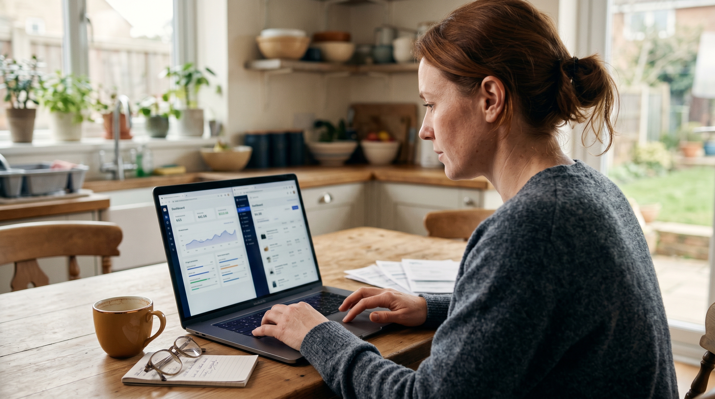 Small business owner comparing two store builder dashboards on a laptop at a kitchen table with coffee