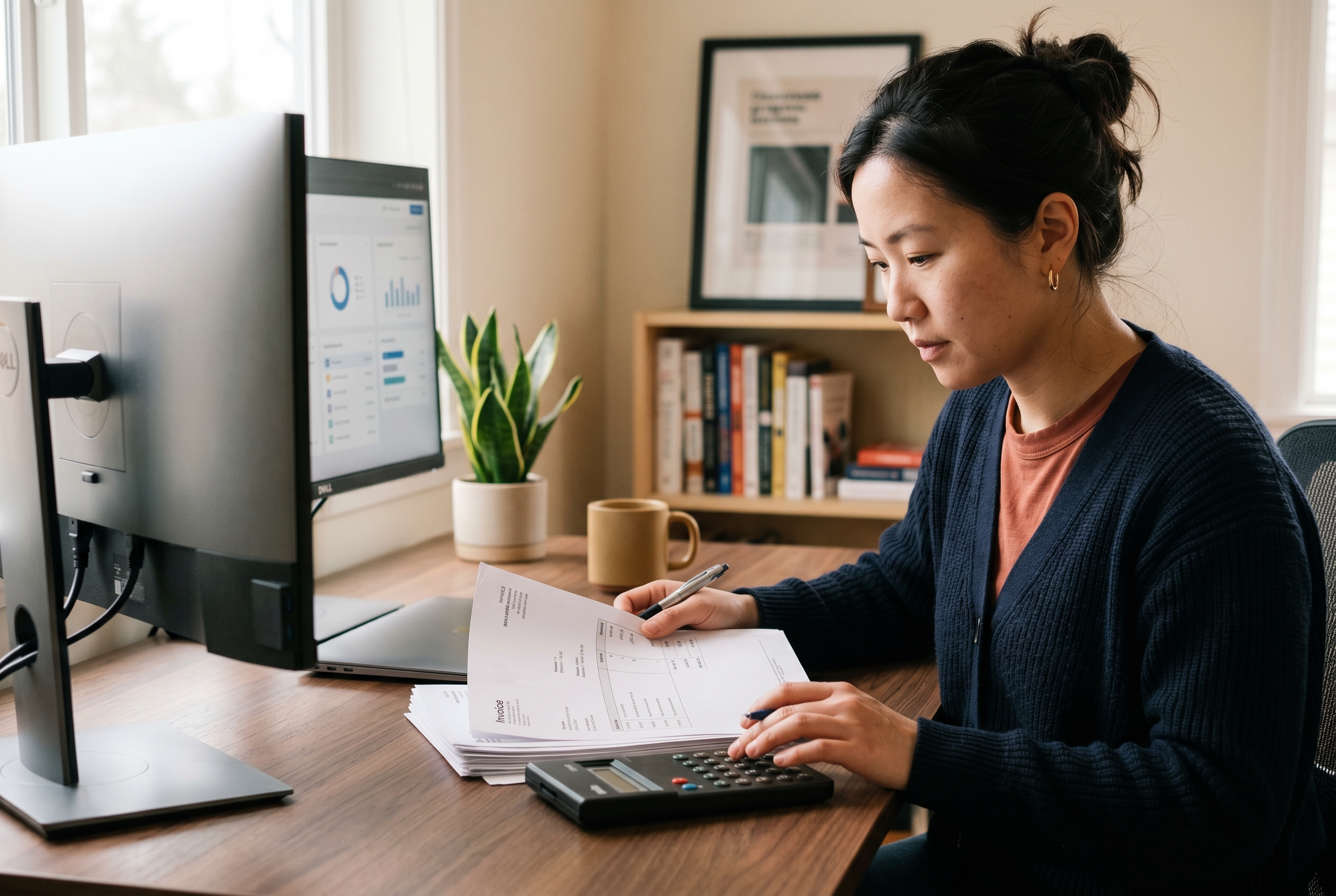 Founder reviewing a stack of subscription invoices and a calculator at a tidy home office desk