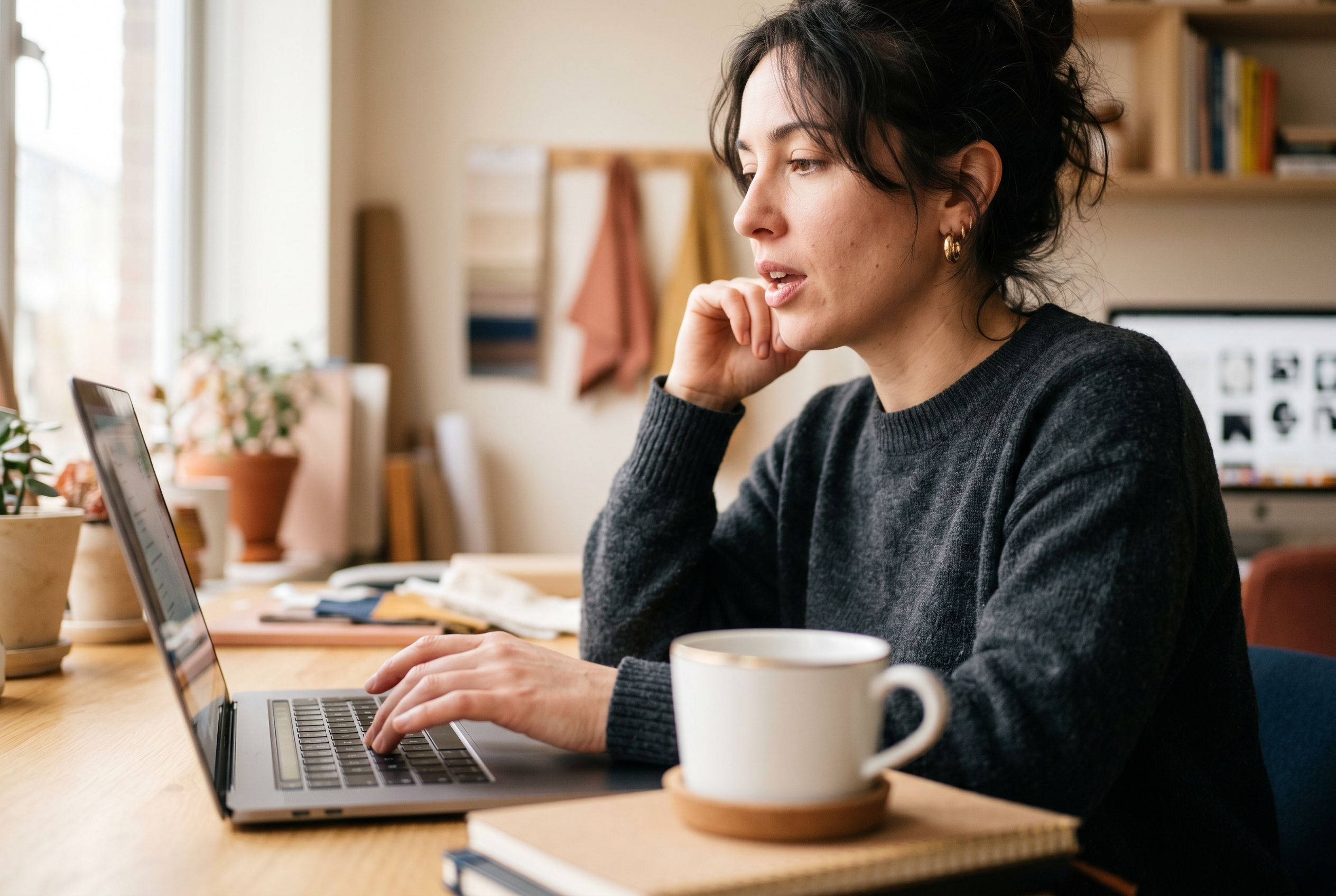 Entrepreneur describing her store ideas aloud while typing into a chat window on a laptop in a sunlit studio