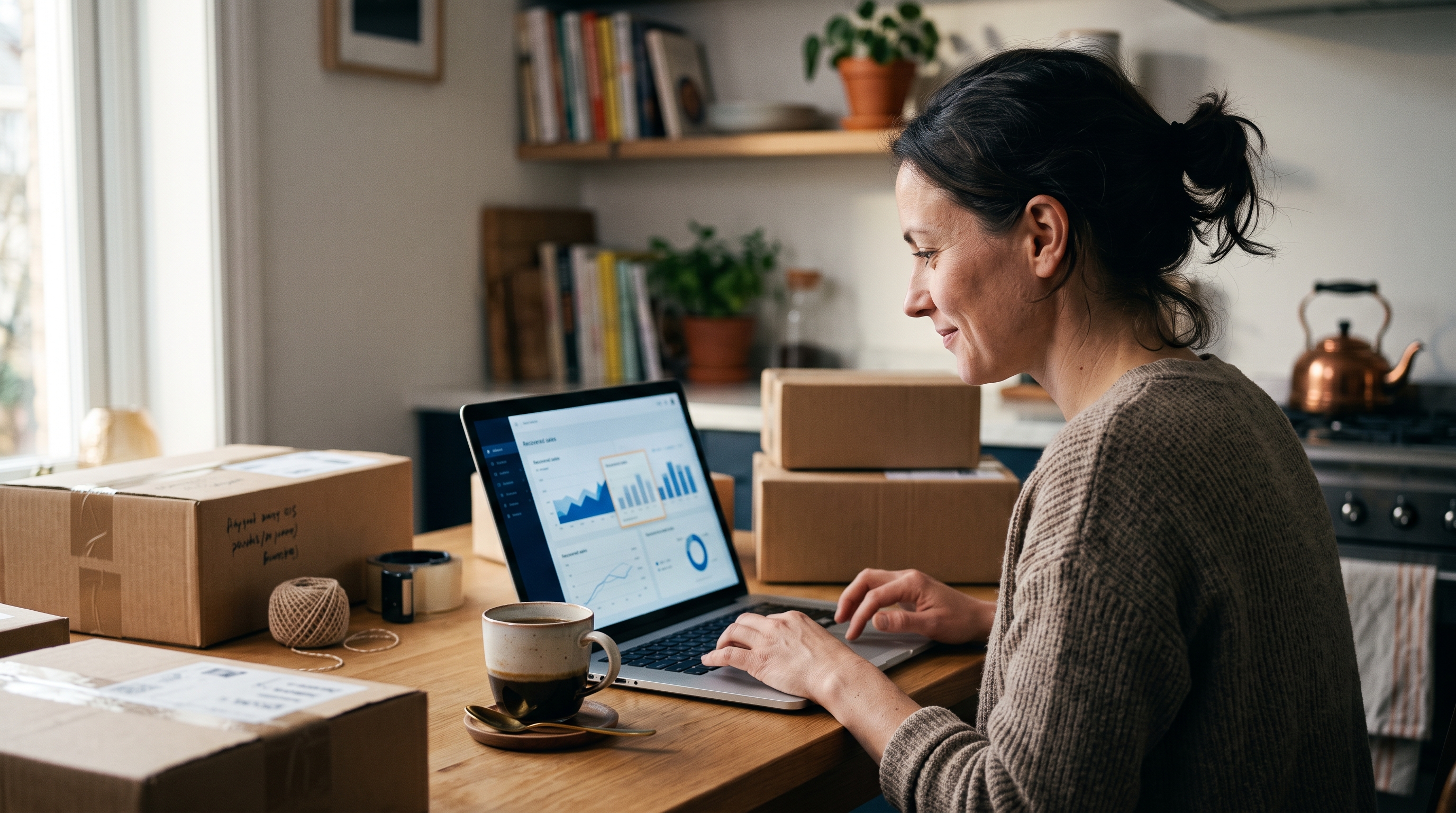 Online store owner reading a recovered-sales email report on a laptop at a kitchen table with coffee and packed parcels nearby
