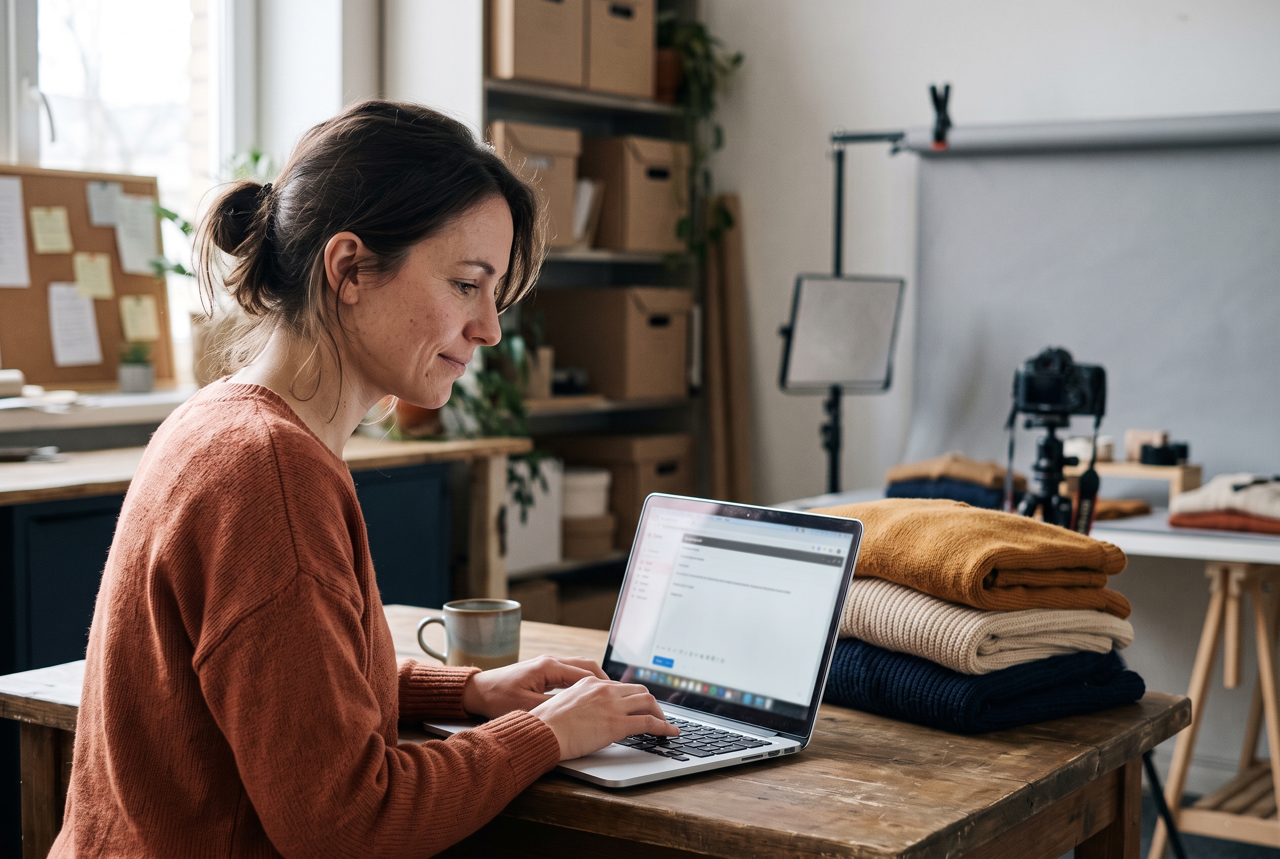 Small business owner typing an email draft on a laptop beside a stack of folded sweaters and a product photo setup
