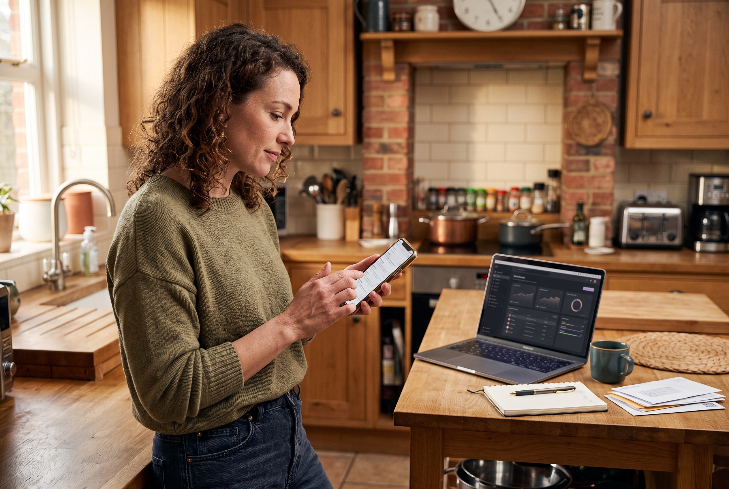 Shopper checking an email notification on a smartphone while standing in a kitchen with a laptop open behind