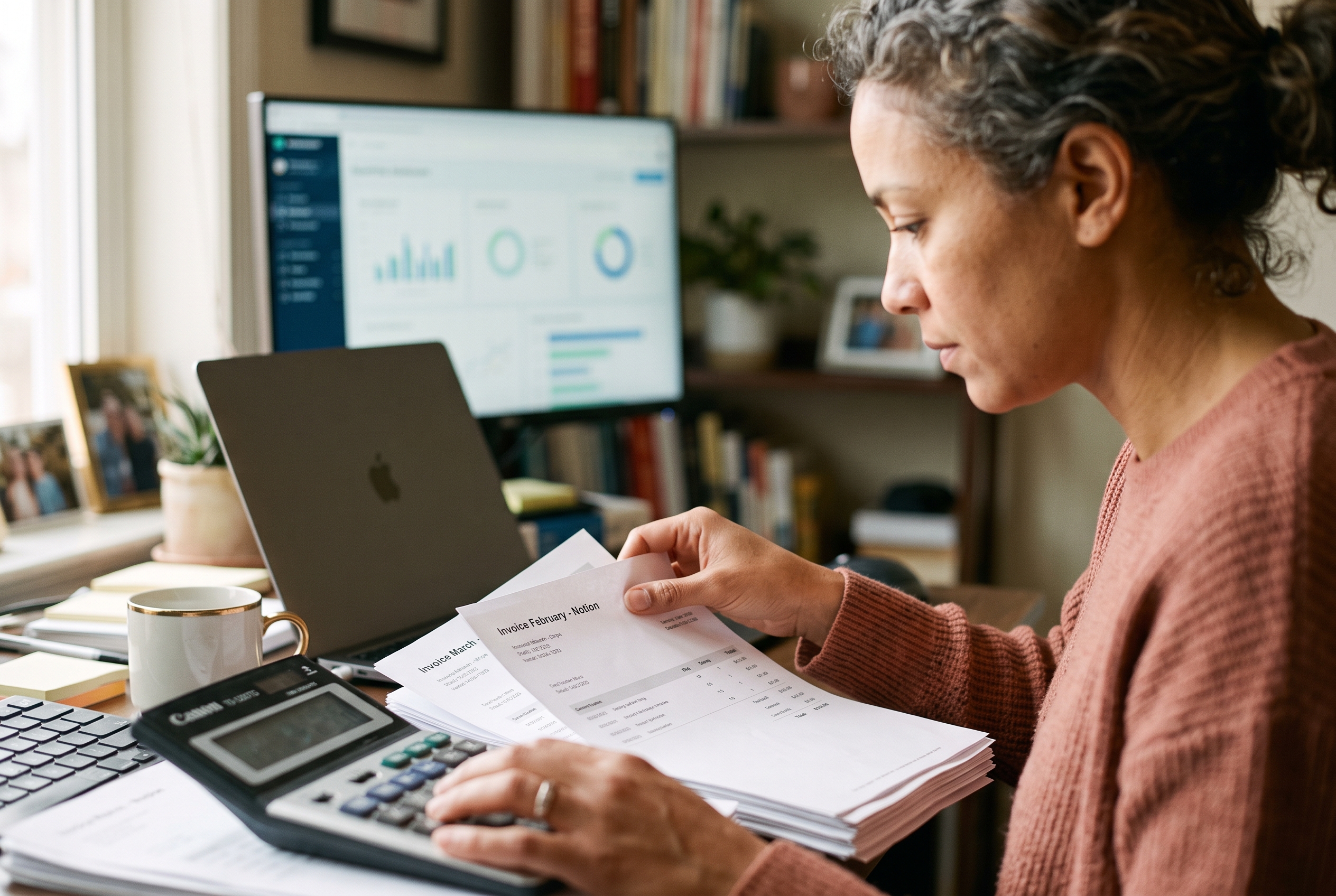 Merchant comparing monthly software invoices and a calculator at a desk in a small home office