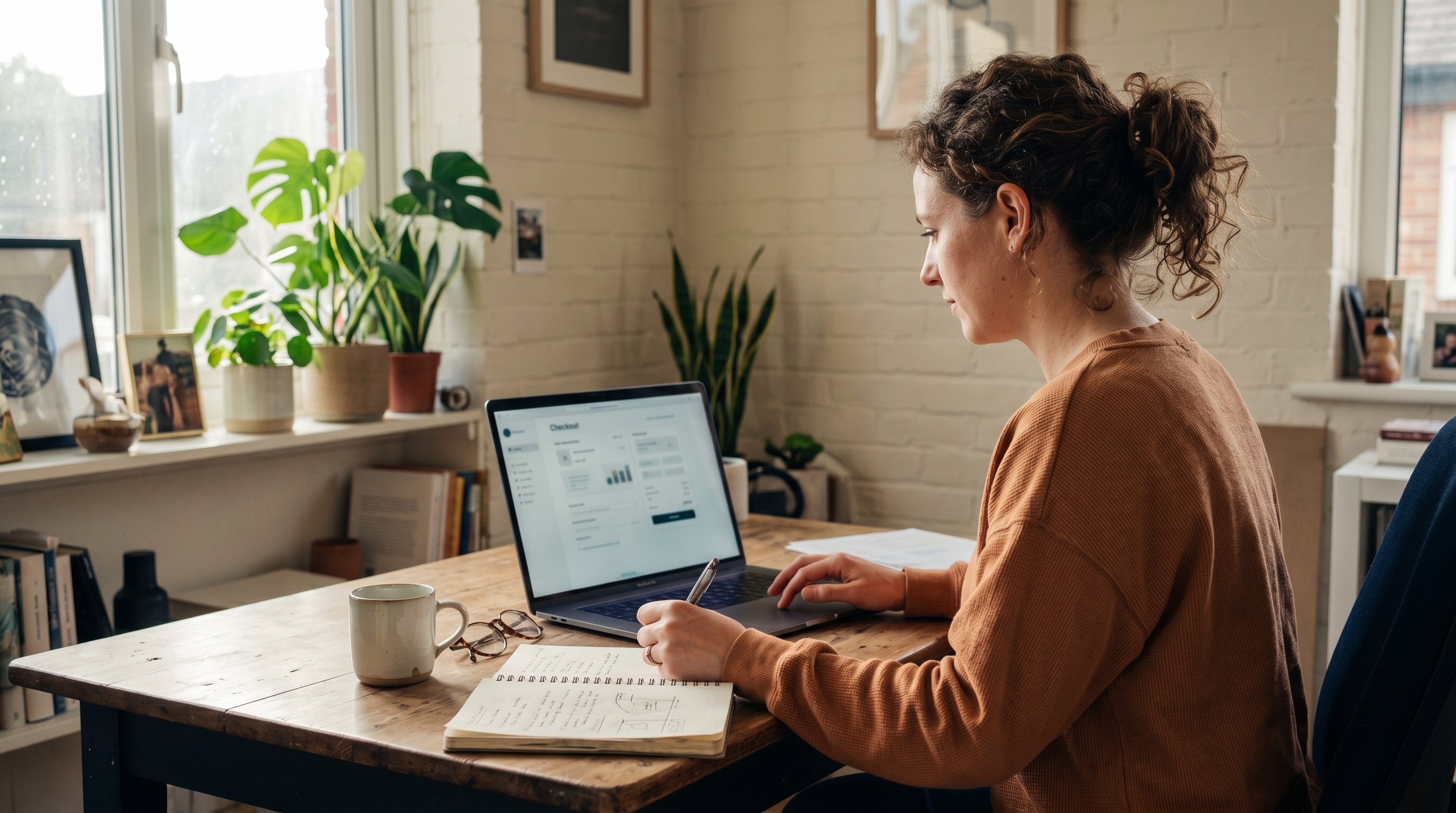 Creator at a desk reviewing a checkout page on a laptop with a coffee mug and notebook beside it in a home office