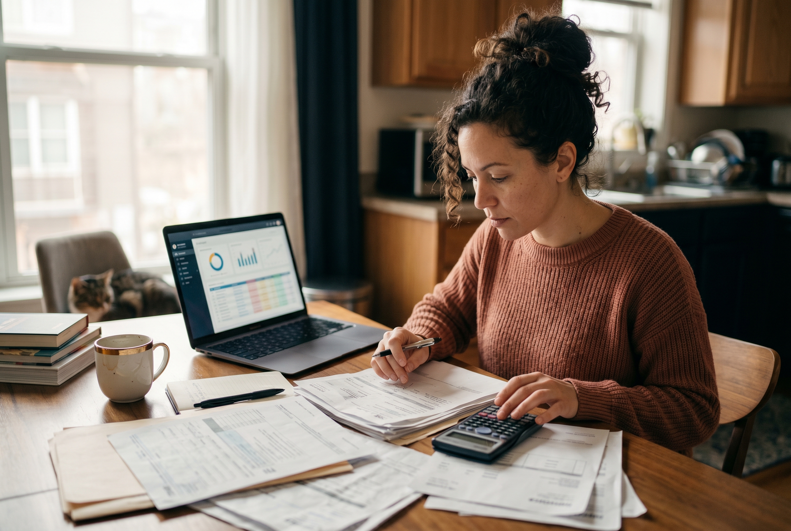 Small business owner sorting through tax paperwork and a calculator at a kitchen table with a laptop open to a spreadsheet