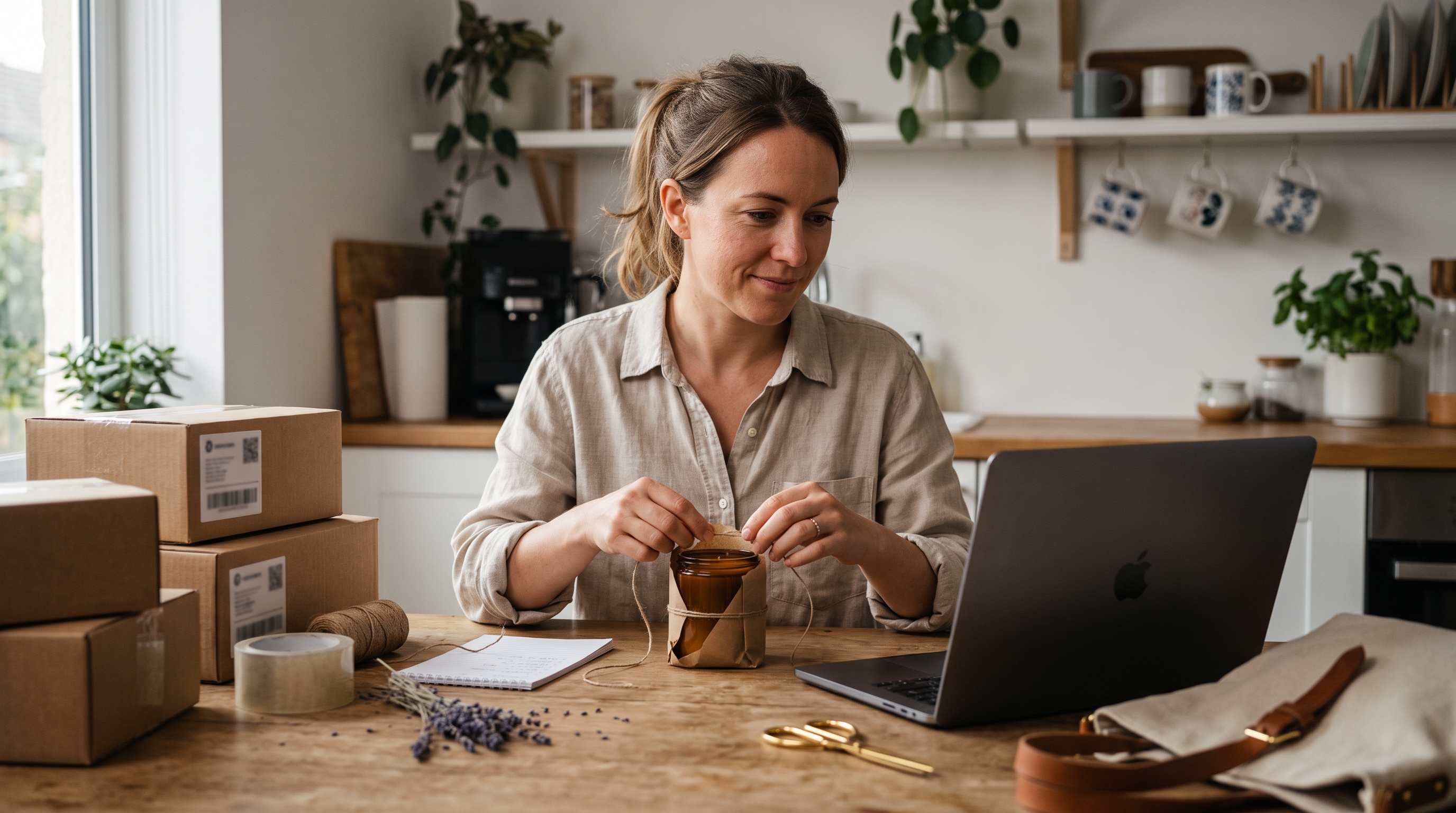 Small business owner at a kitchen table packing a handmade candle order while checking a PayPal payment notification on her laptop