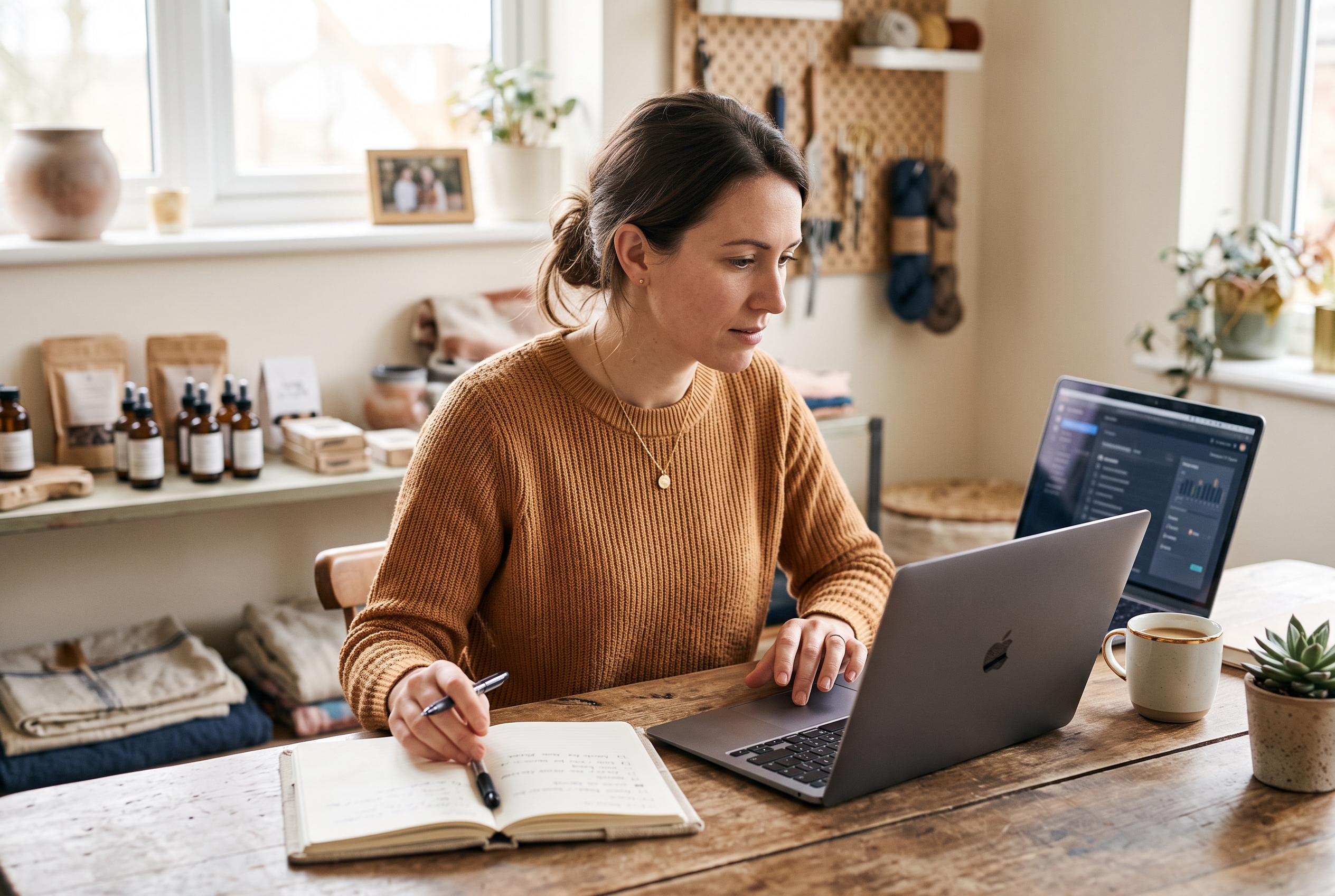Freelance shop owner following a setup checklist on a laptop at a wooden desk with a notebook and coffee