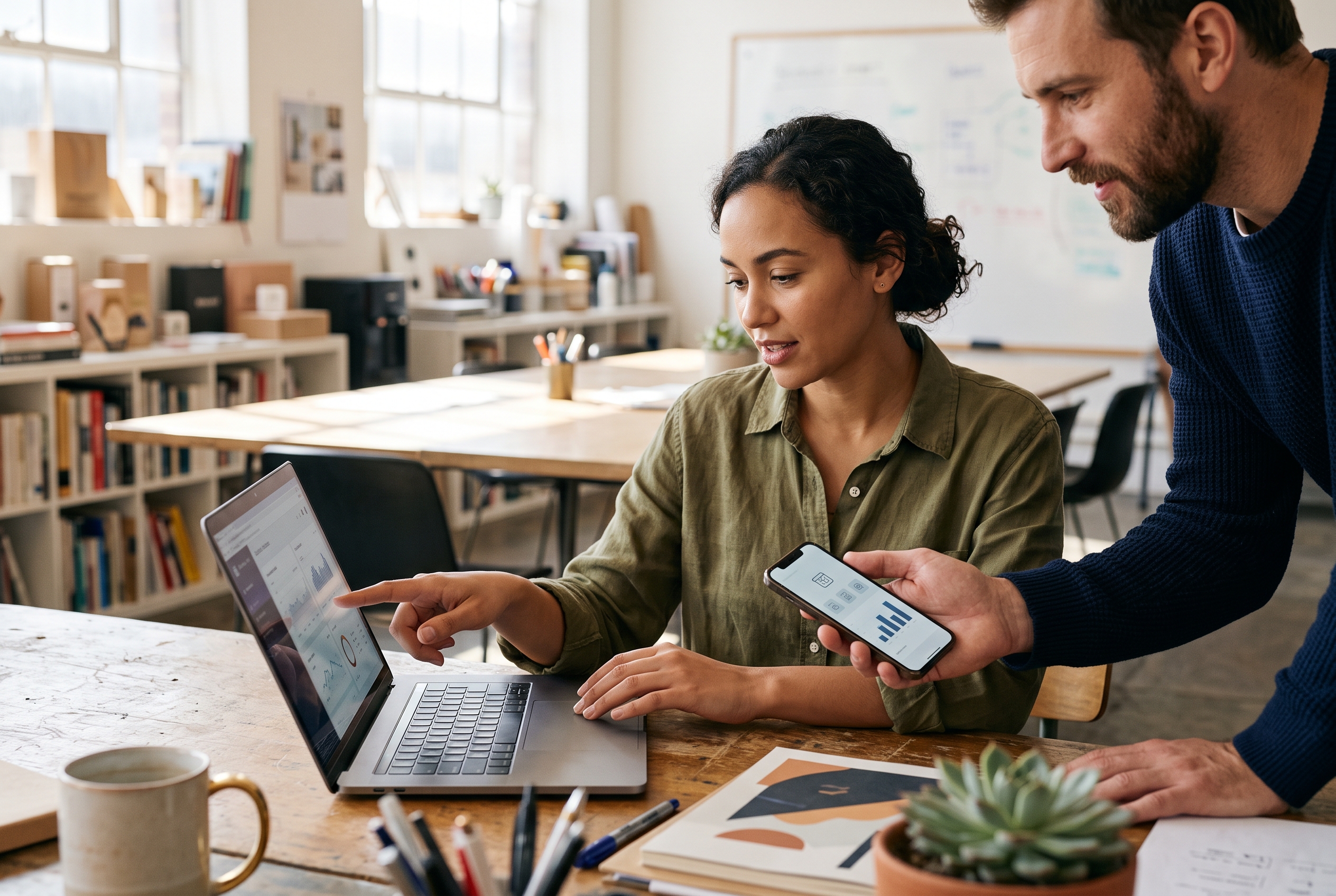 Two small business partners comparing payment settings on a laptop and a phone in a bright shared studio