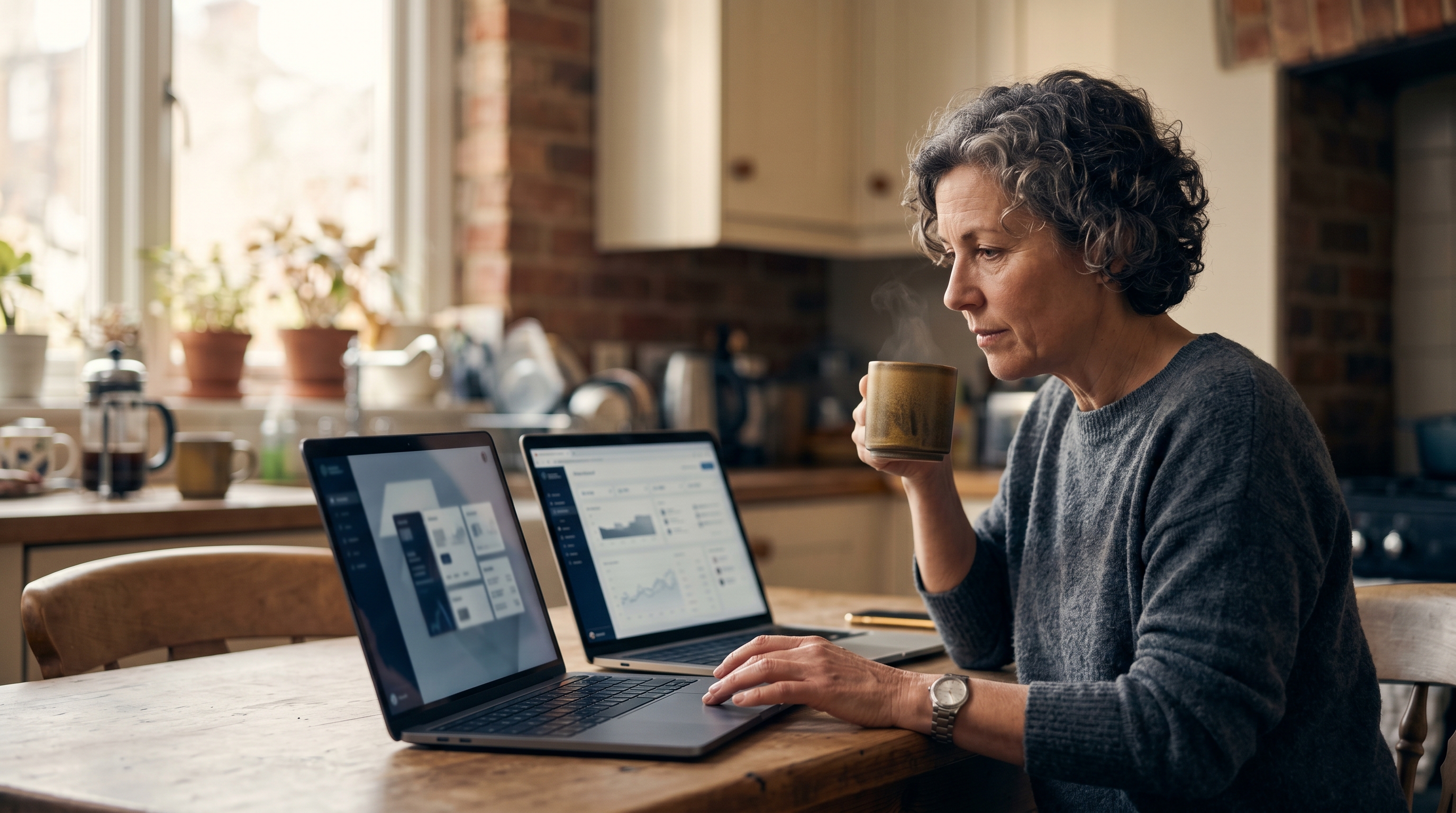 Small business owner comparing two laptops side by side at a kitchen table while drinking coffee in the morning