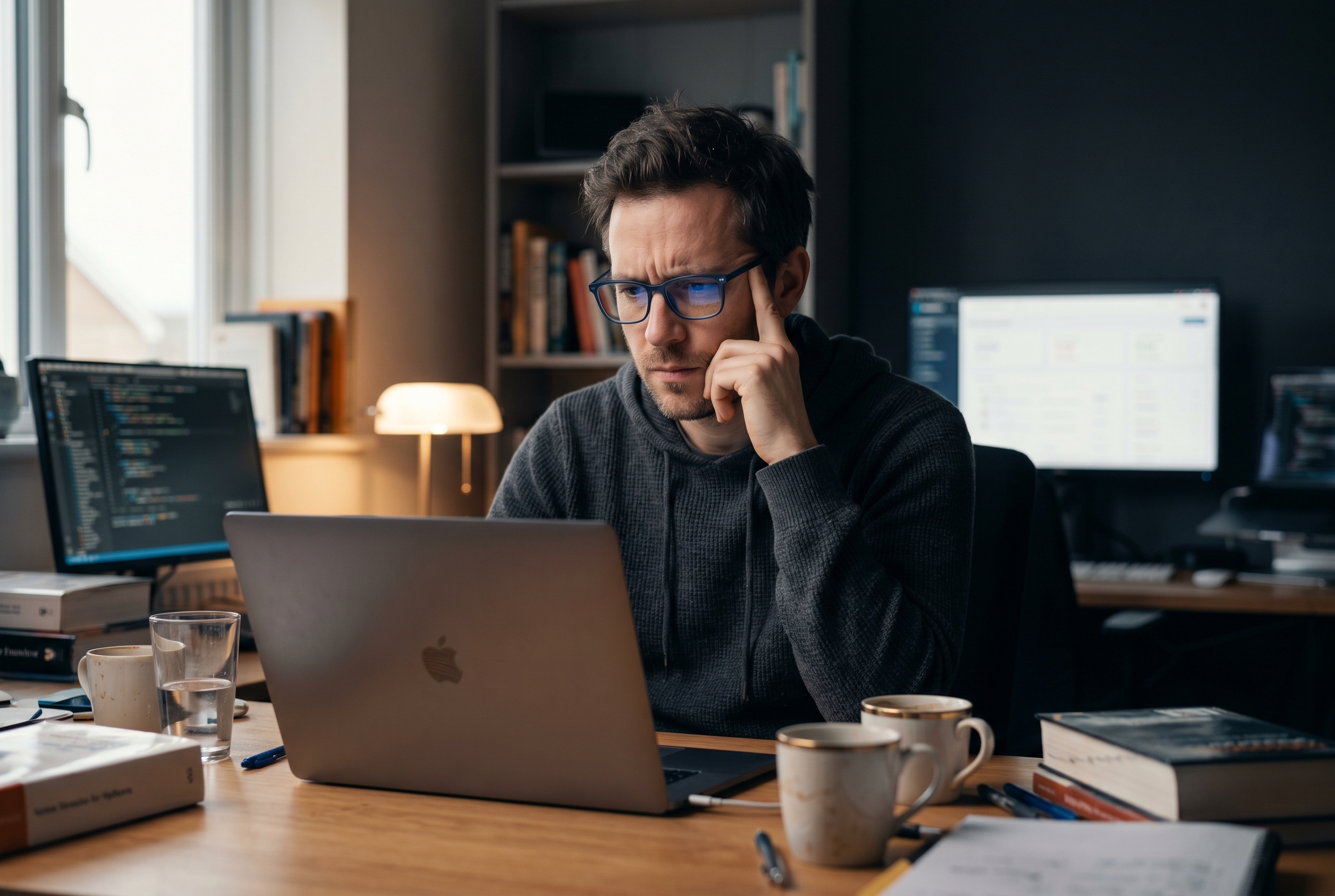 Developer frowning at a laptop screen full of code in a dim home office late at night surrounded by coffee cups