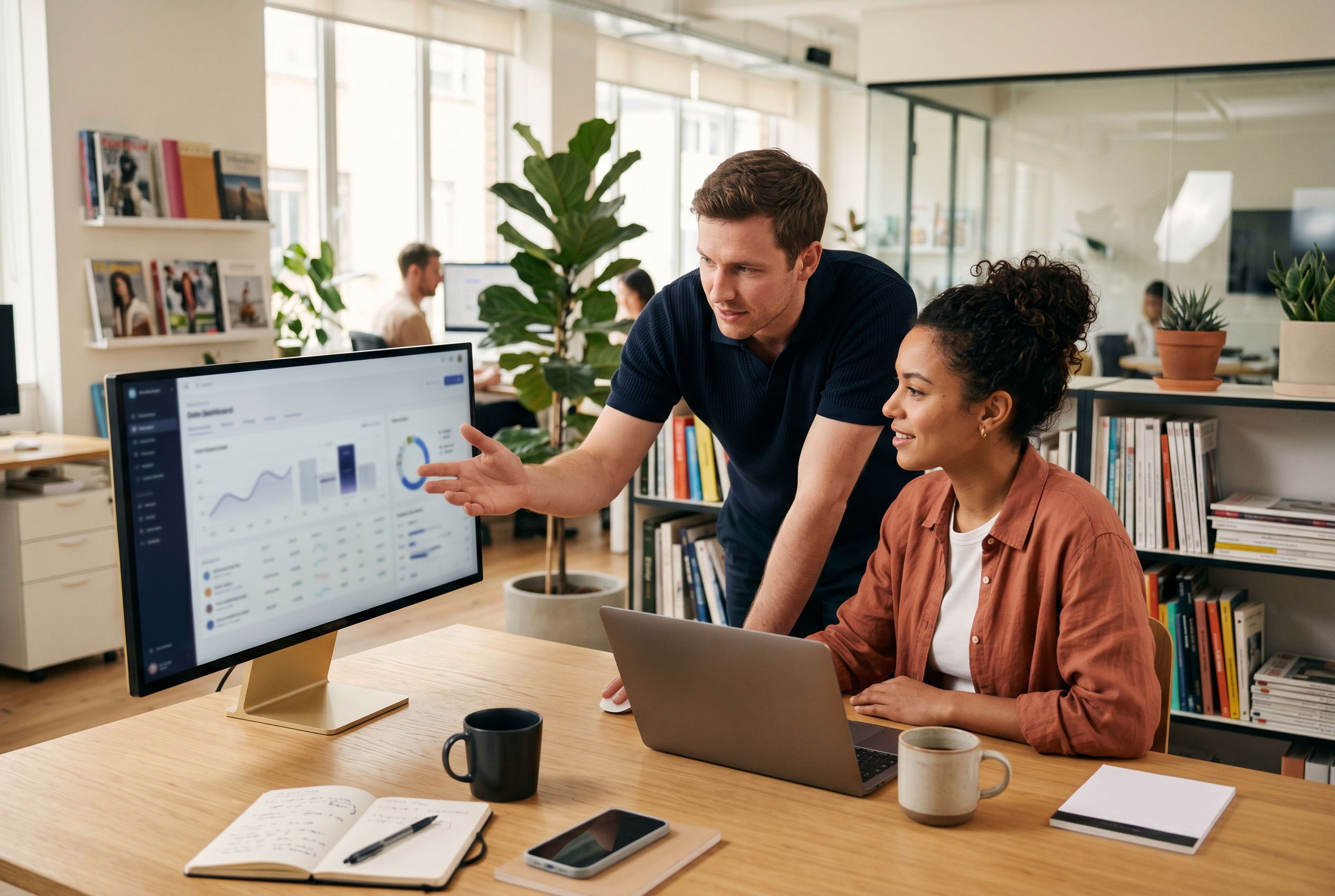 Two founders reviewing a store dashboard together on a wide monitor in a bright modern office with plants