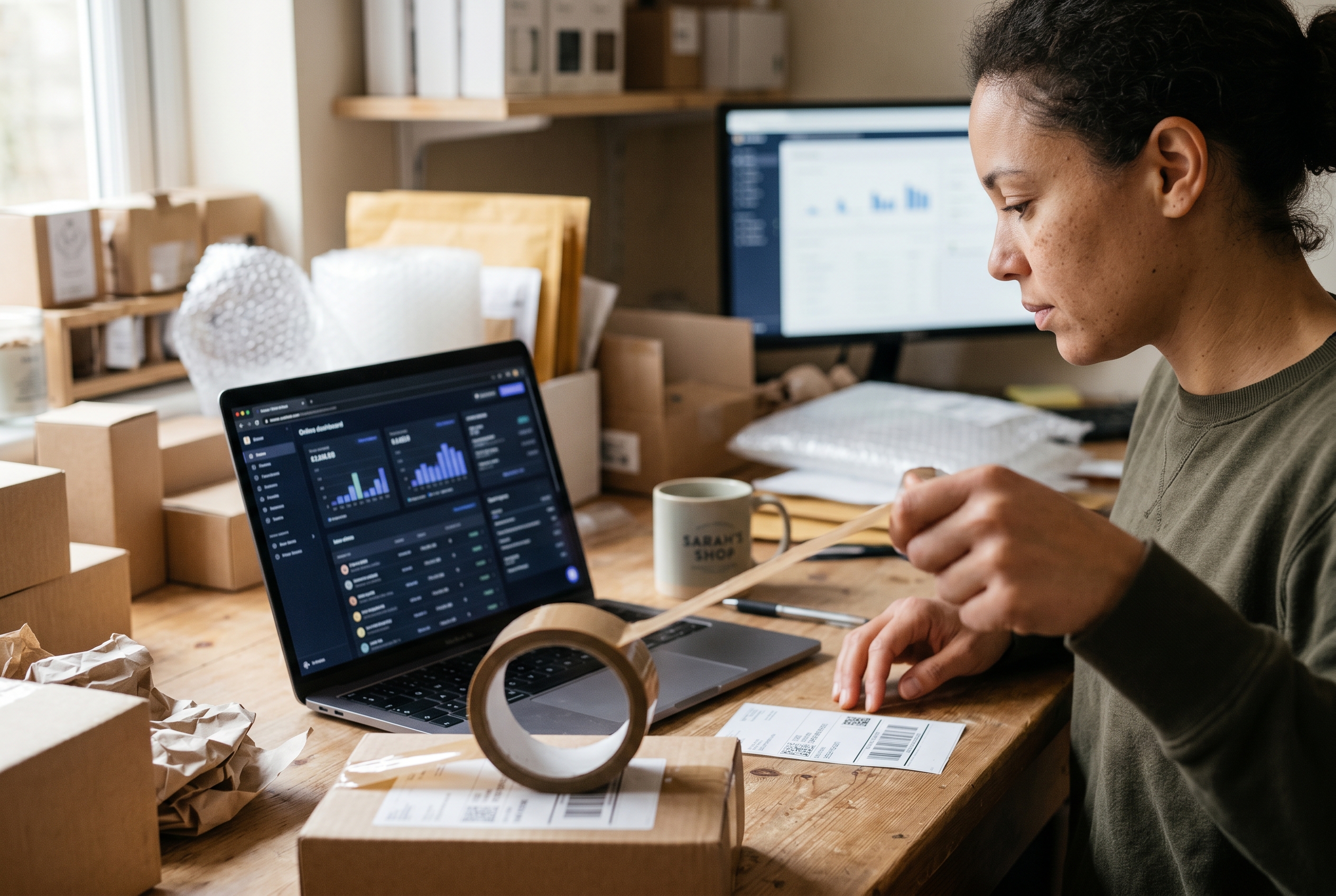 Online seller packing product orders into shipping boxes on a worktable with a laptop open showing new orders