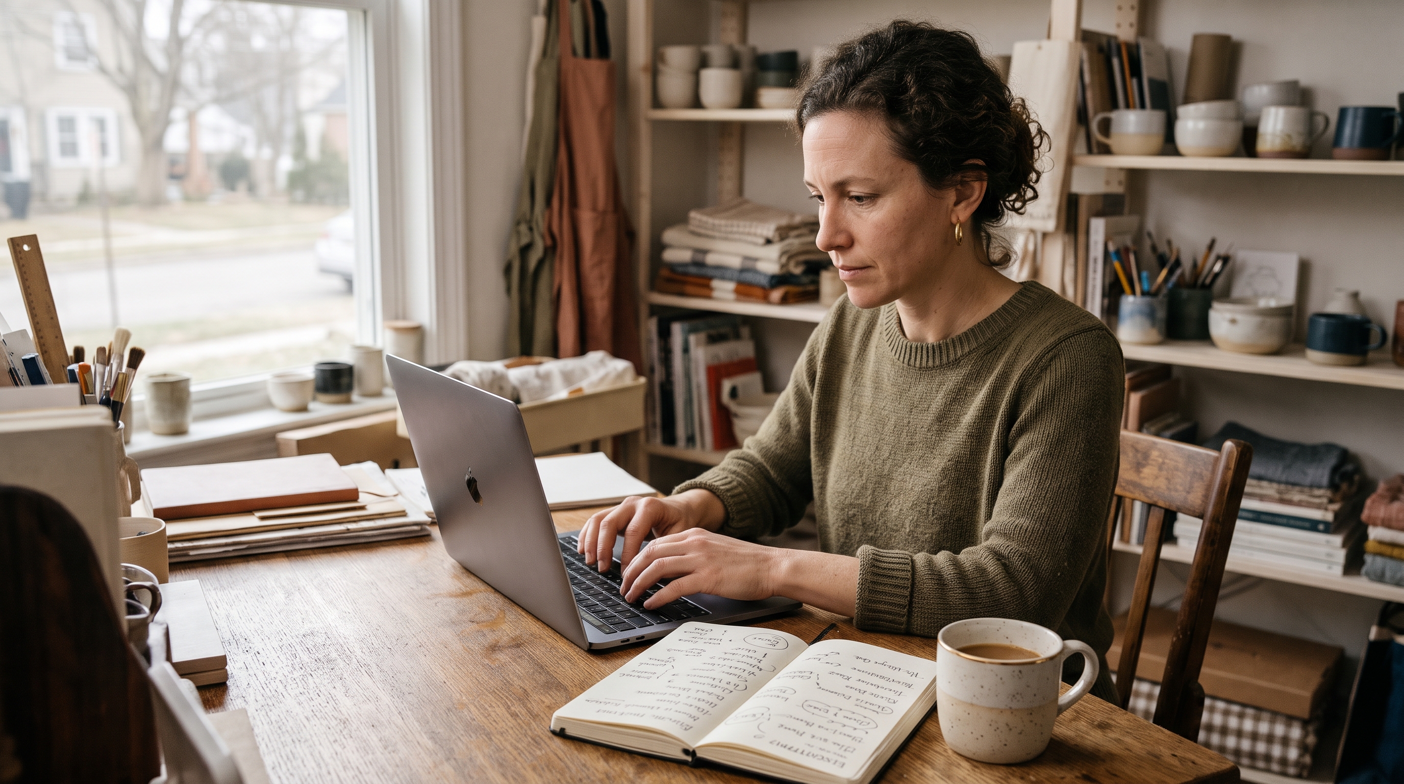 Store owner typing product details into a laptop while handwritten name ideas cover a notebook beside a coffee mug