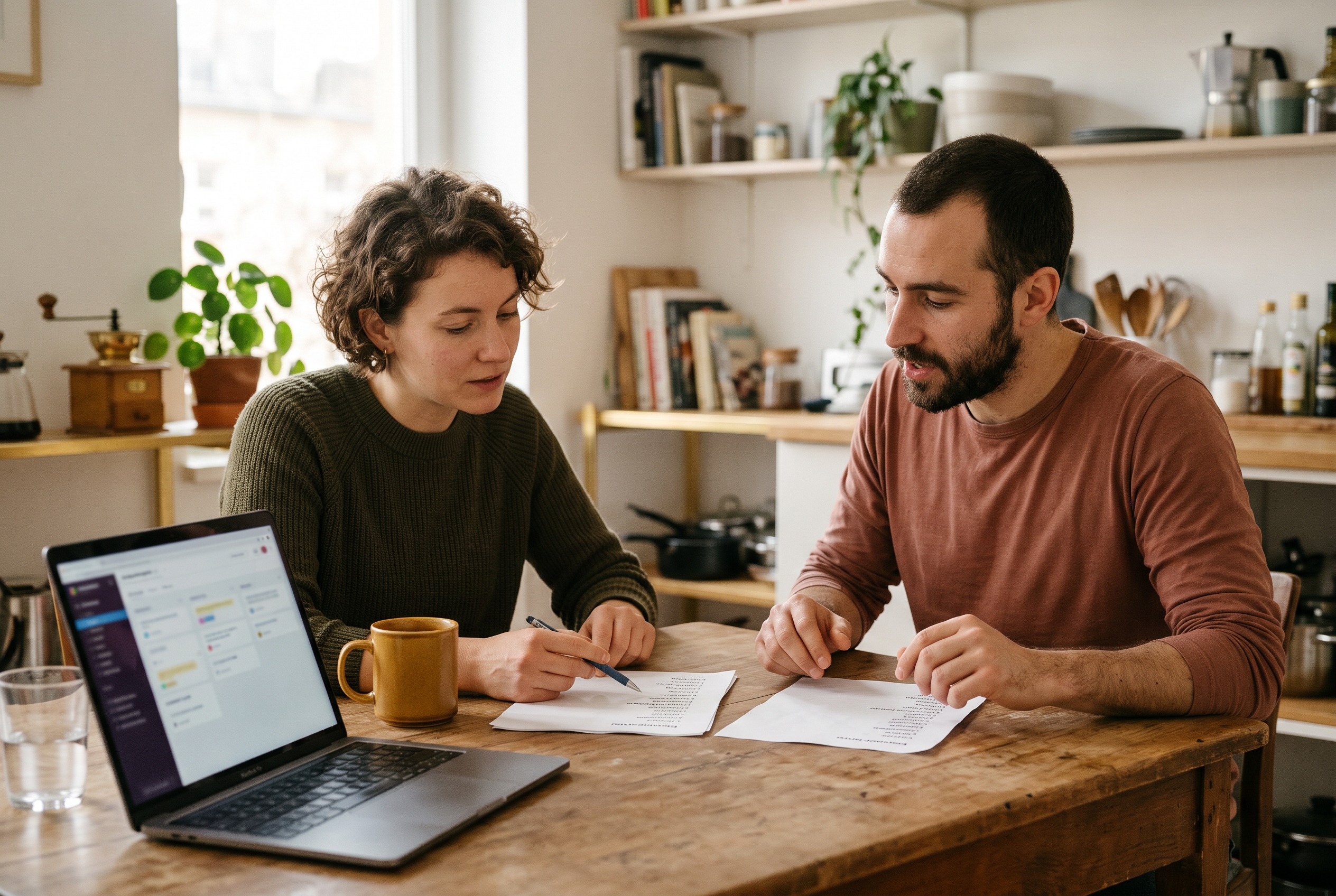 Two co-founders sitting at a kitchen table comparing printed name shortlists next to an open laptop
