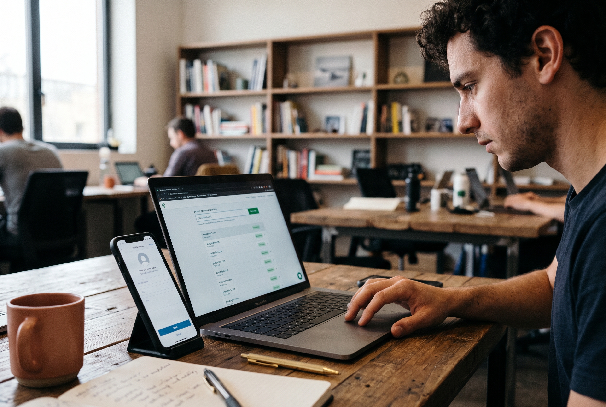Entrepreneur checking domain availability on a laptop at a desk with a phone showing social media profile setup