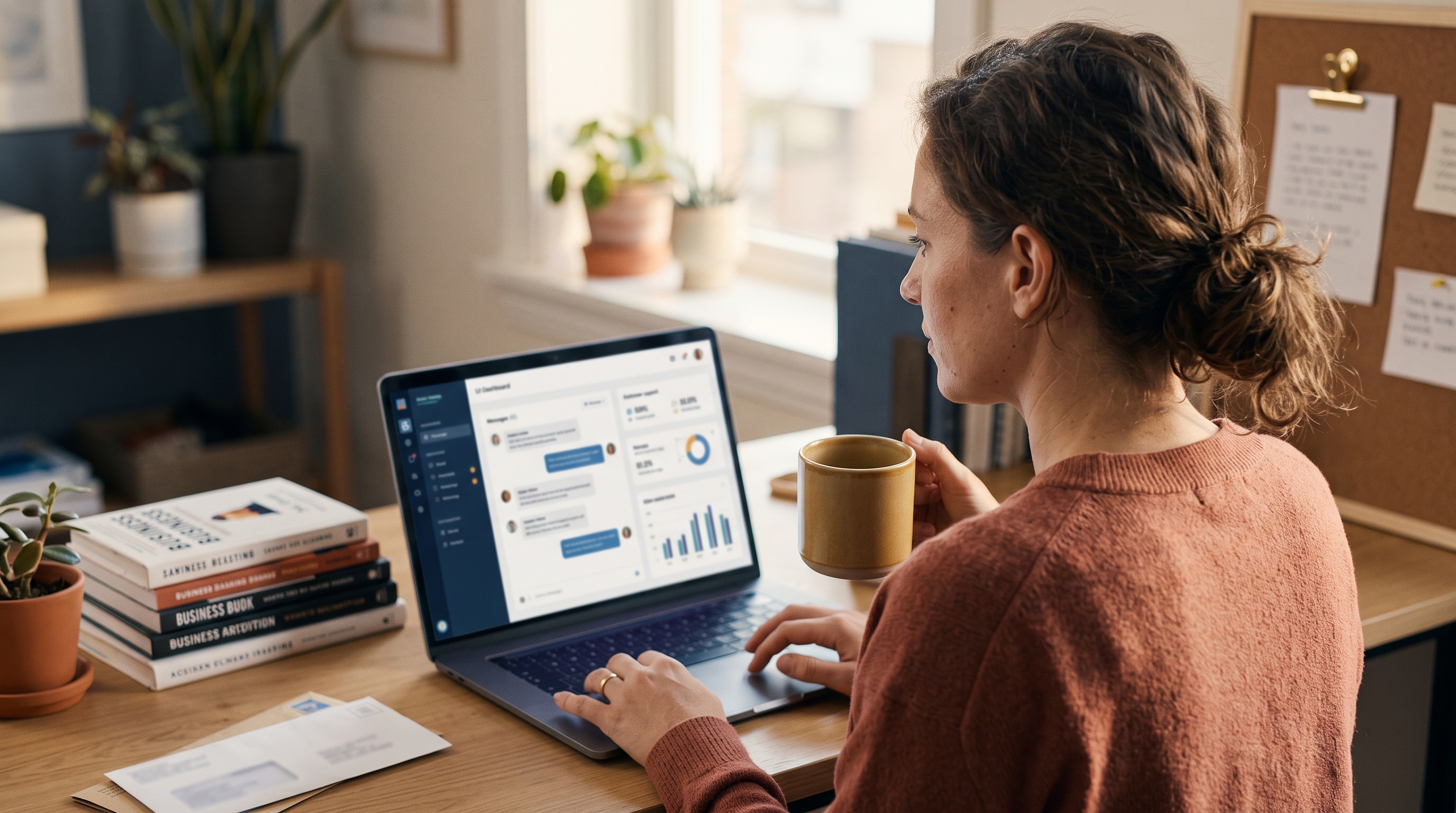 Online store owner reading customer chat messages on a laptop at a tidy home-office desk in morning light