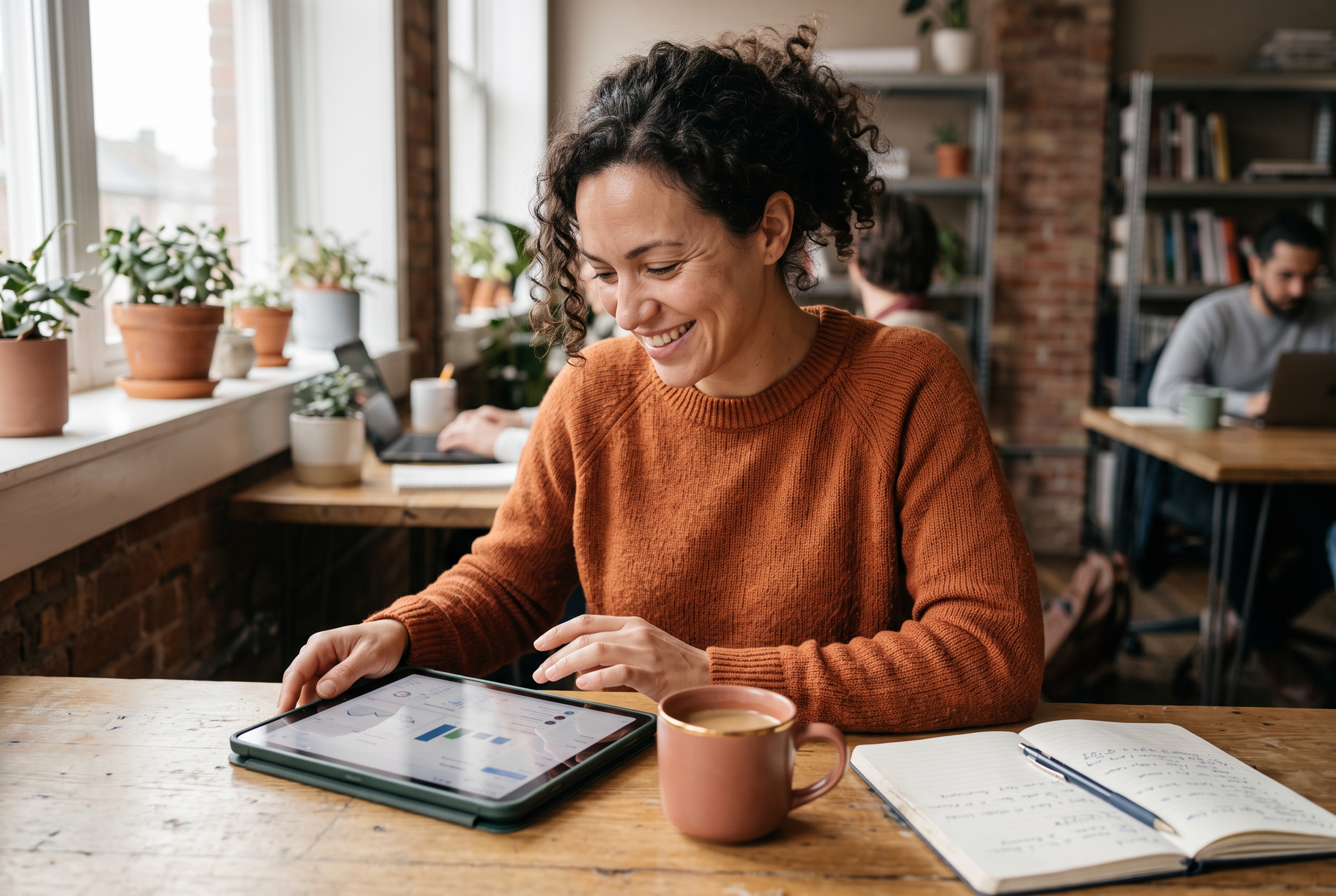 Small business founder smiling while reviewing weekly sales figures on a tablet beside a coffee cup and notebook