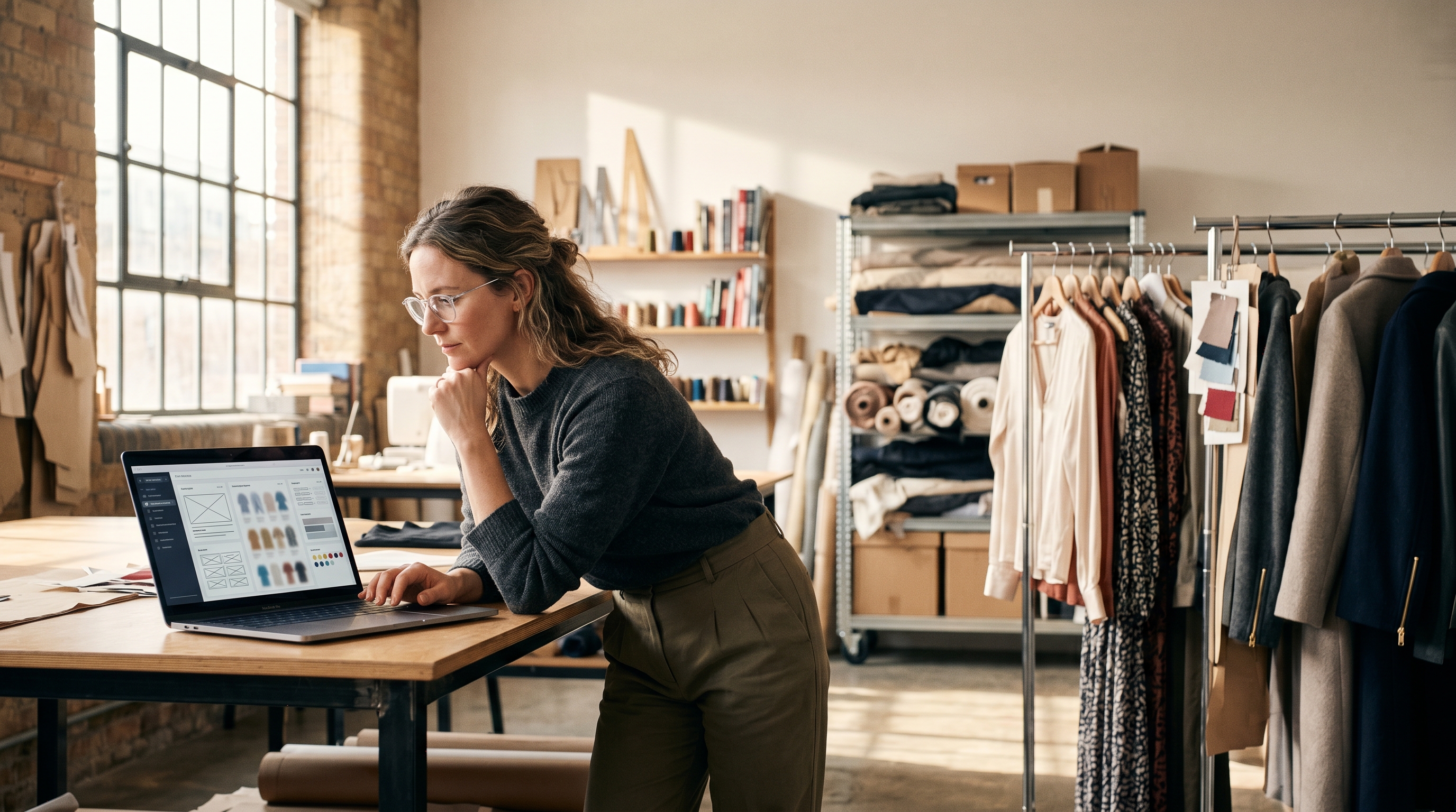 Fashion designer watching an AI generate a clothing storefront on a laptop in a sunlit studio with garment racks