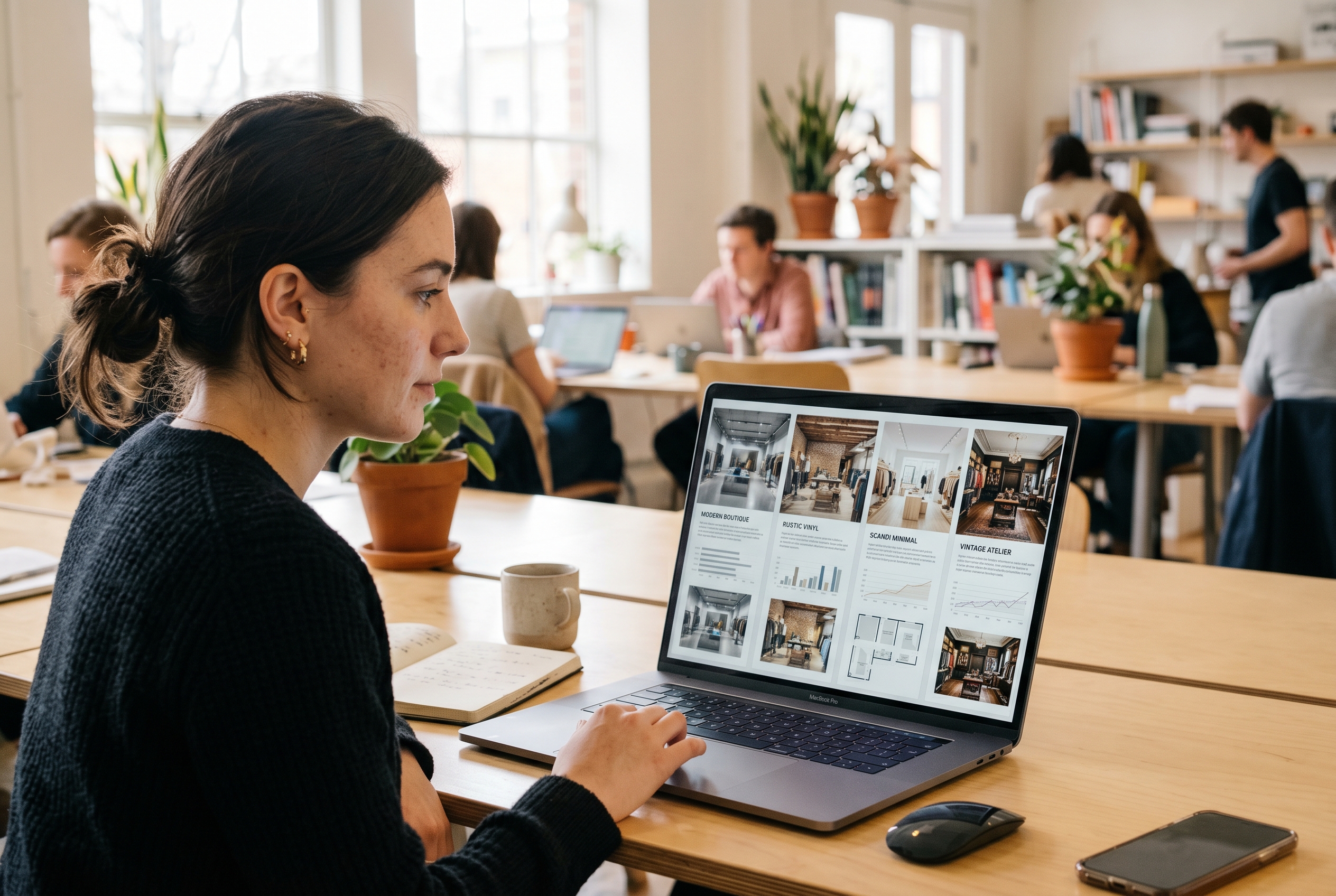 Side by side comparison of four laptop screens each showing a different style of clothing store being built