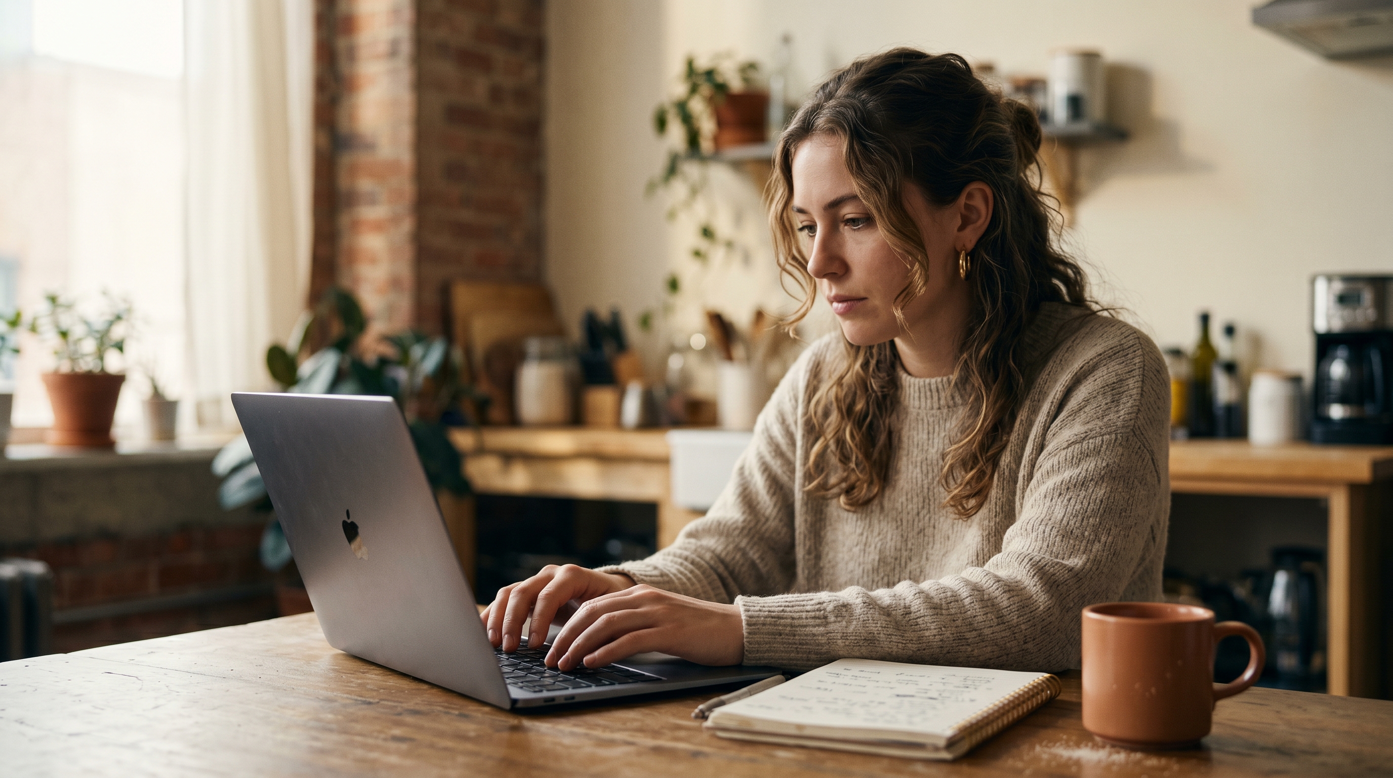 Young entrepreneur typing a store description into a laptop at a kitchen table with coffee and a notebook nearby