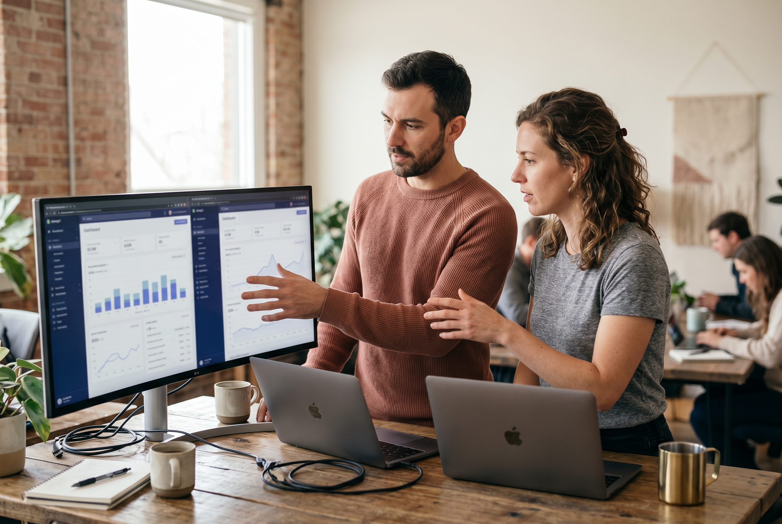 Two founders comparing store dashboards side by side on a wide monitor in a bright coworking space