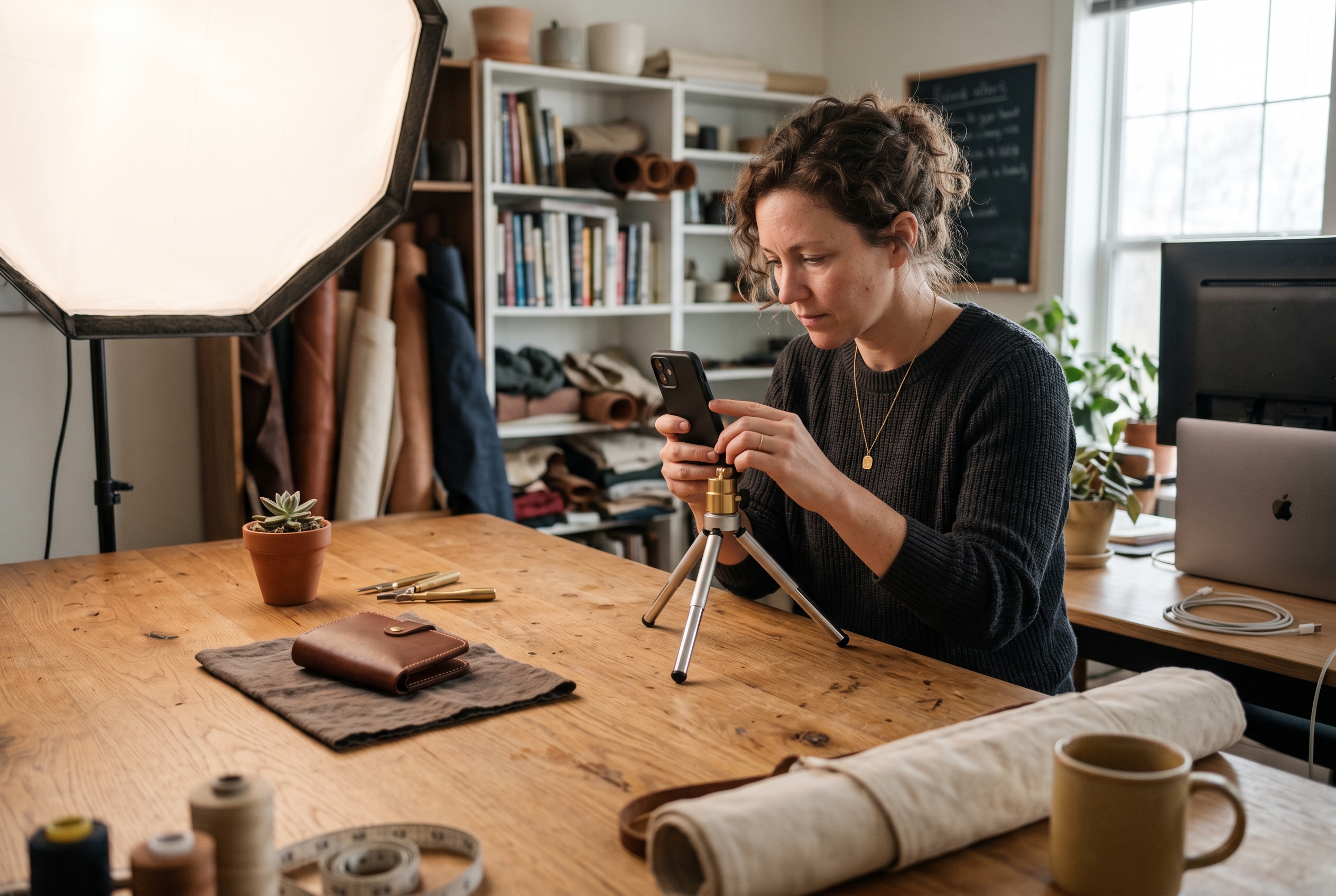 Small business owner photographing a product on a wooden table under a softbox light with a phone on a tripod