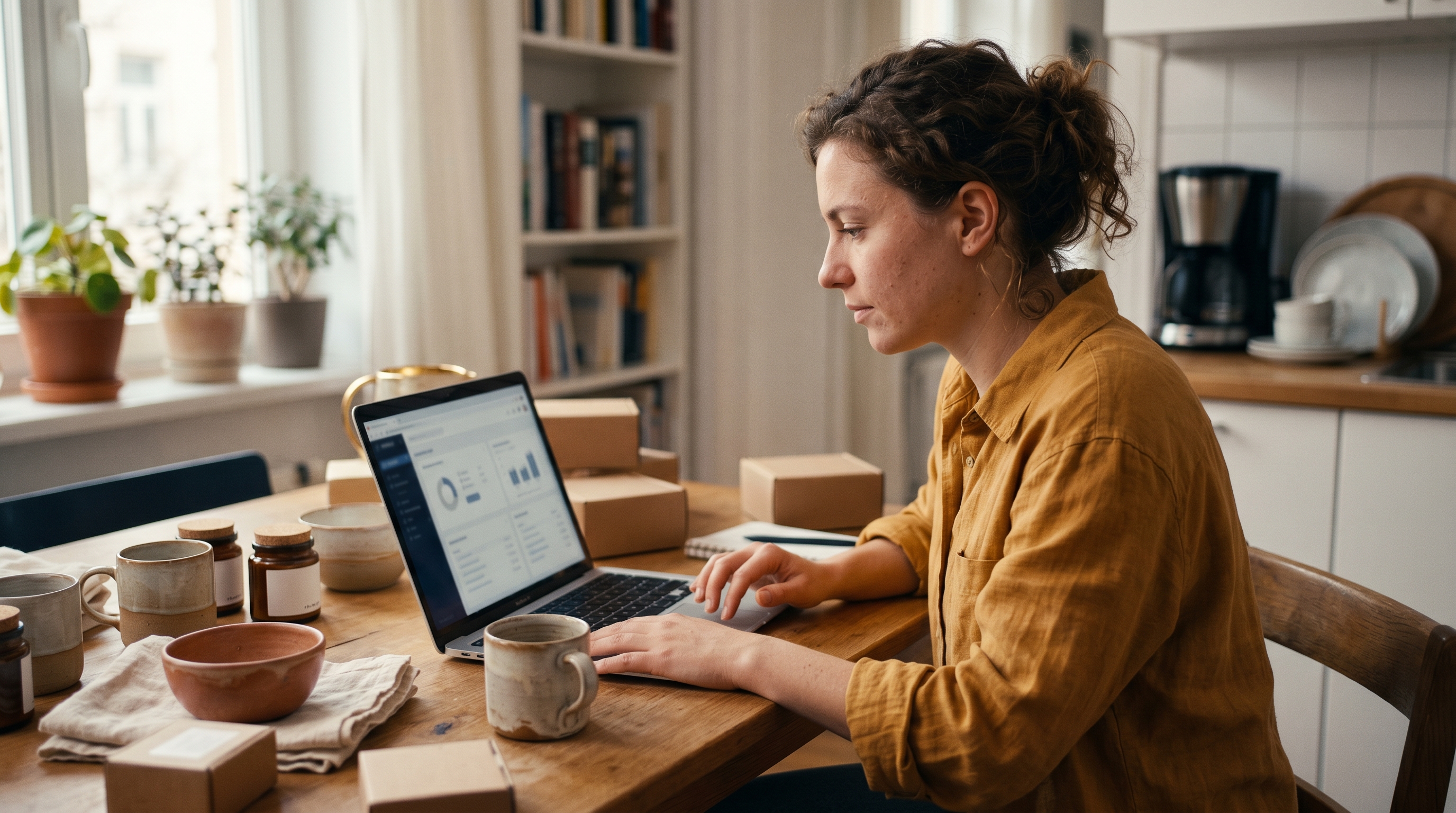 Small business owner setting up an online store on a laptop at a kitchen table surrounded by product samples