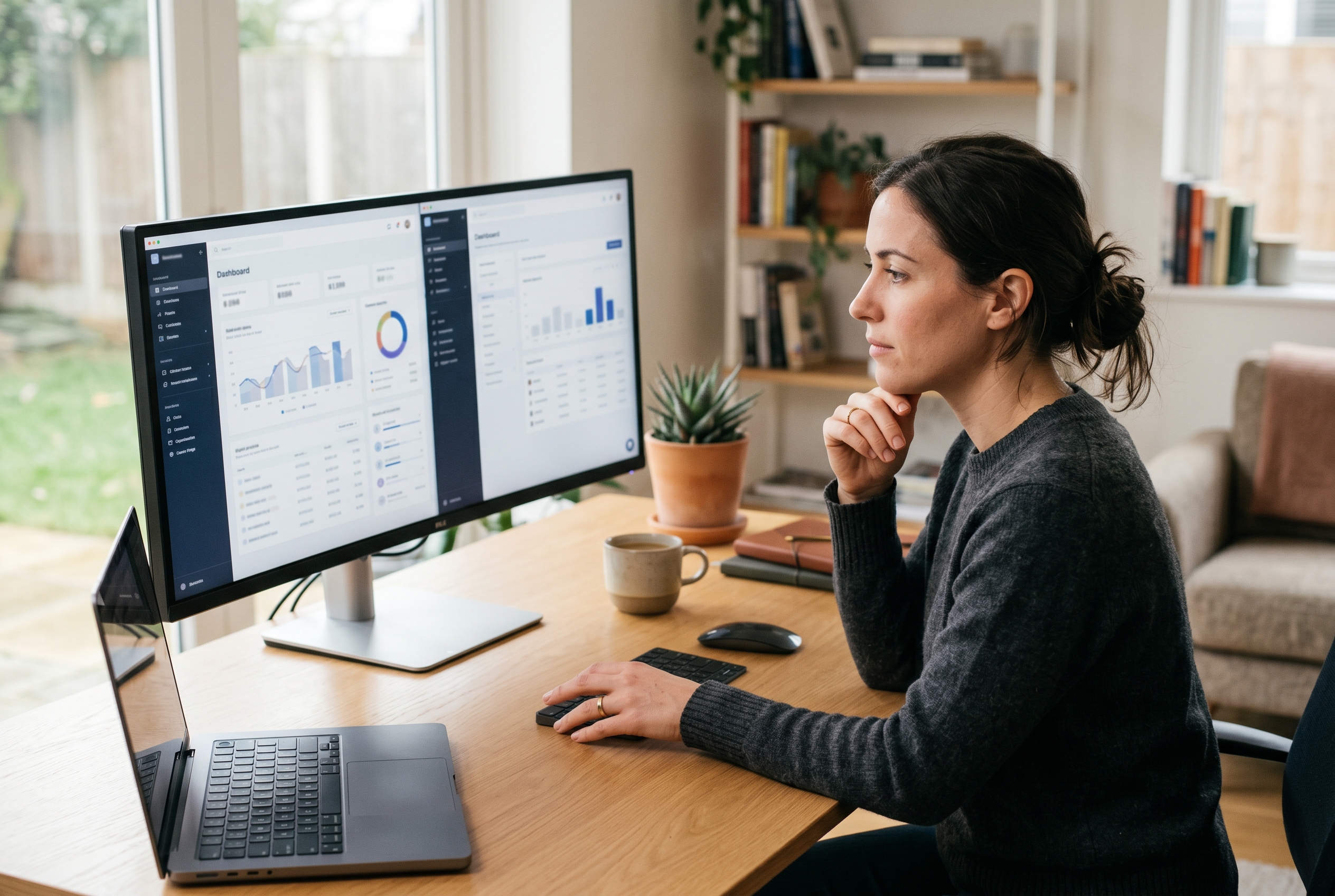 Founder comparing two store builder dashboards side by side on a wide monitor in a bright home office