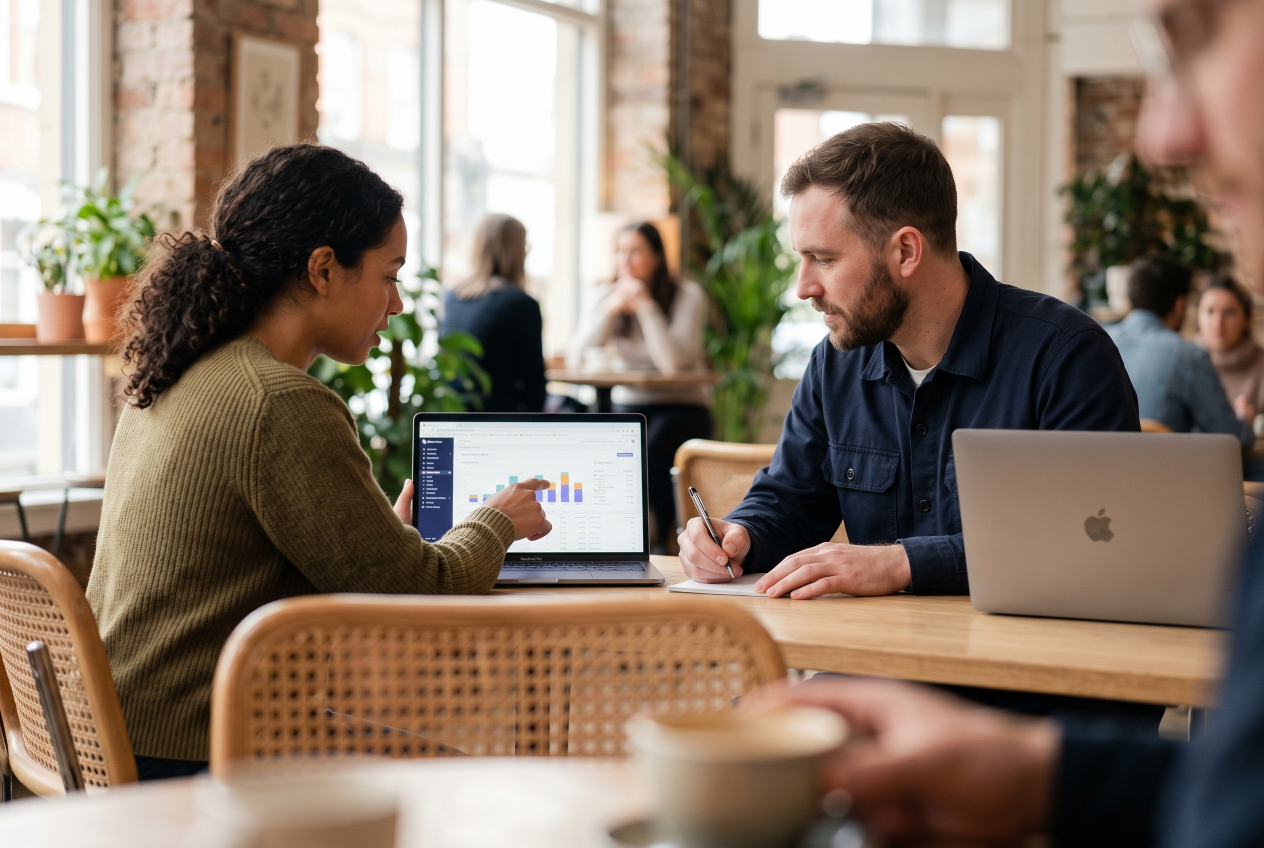 Two colleagues reviewing a spreadsheet of platform costs at a cafe table with laptops and coffee cups