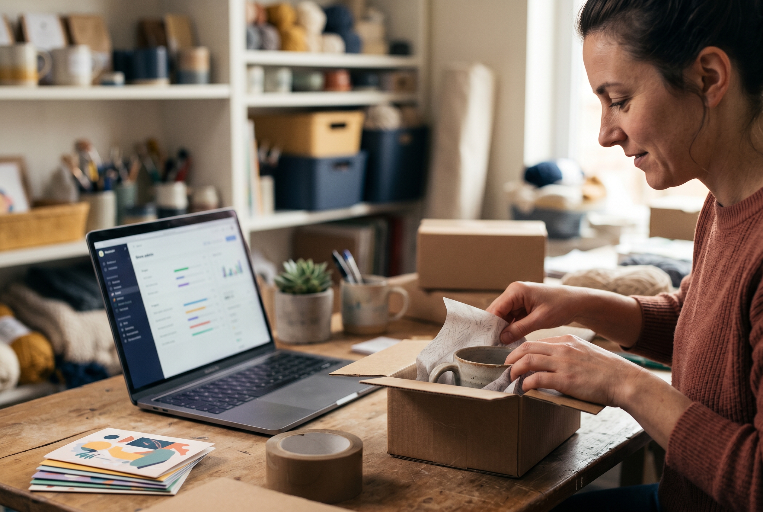 Online seller packing orders into shipping boxes in a small studio while a laptop shows the store admin dashboard