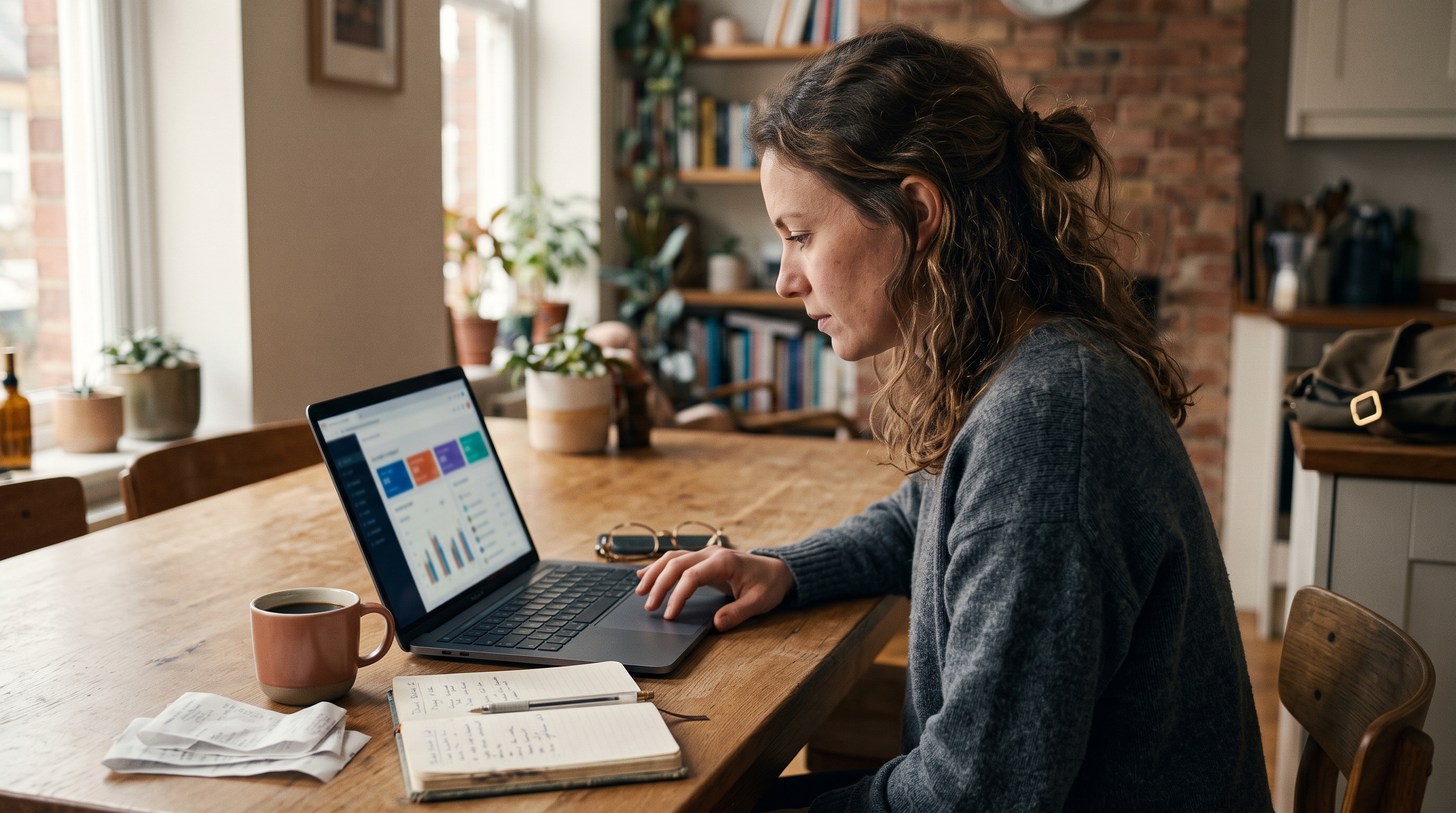 Small business owner reviewing subscription invoices on a laptop at a kitchen table with coffee and a notebook