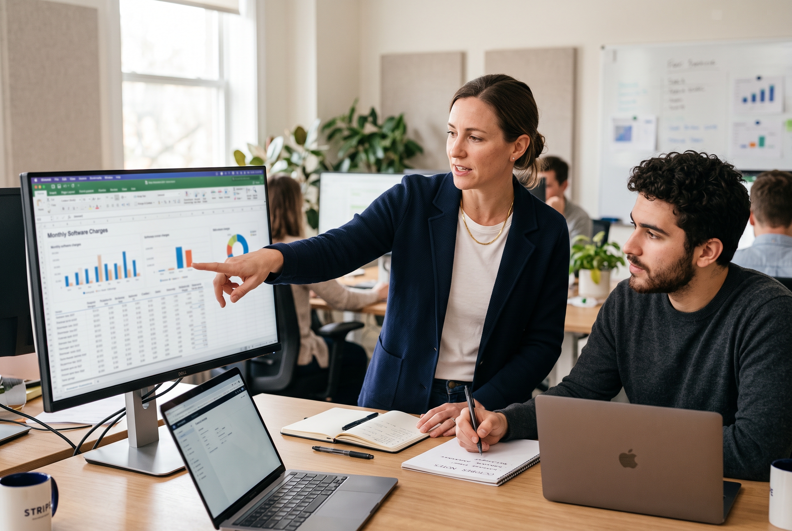 Founder pointing at a spreadsheet of monthly software charges on a monitor while a colleague takes notes in an office