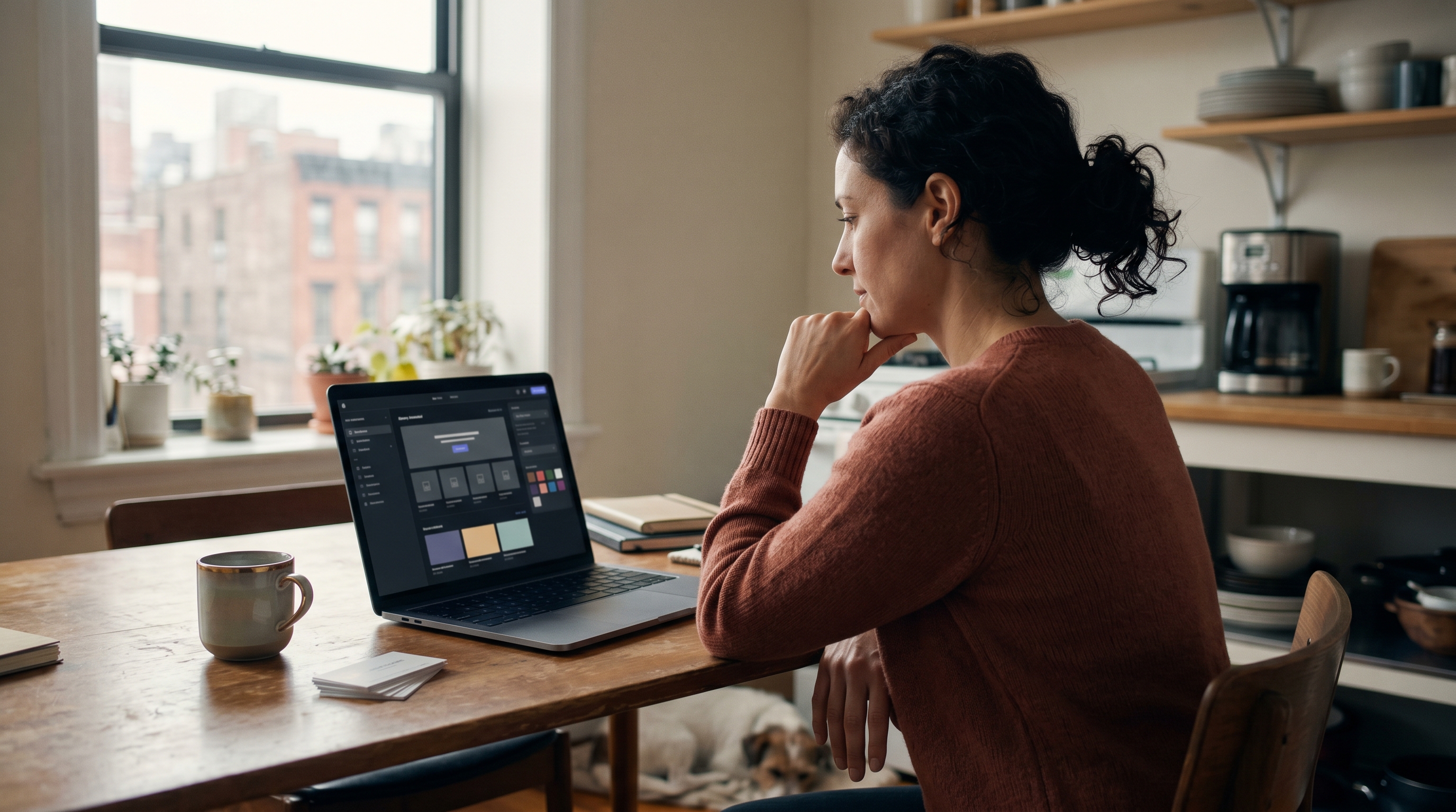 Small business owner sitting at a kitchen table watching an AI assistant assemble an online storefront on a laptop screen