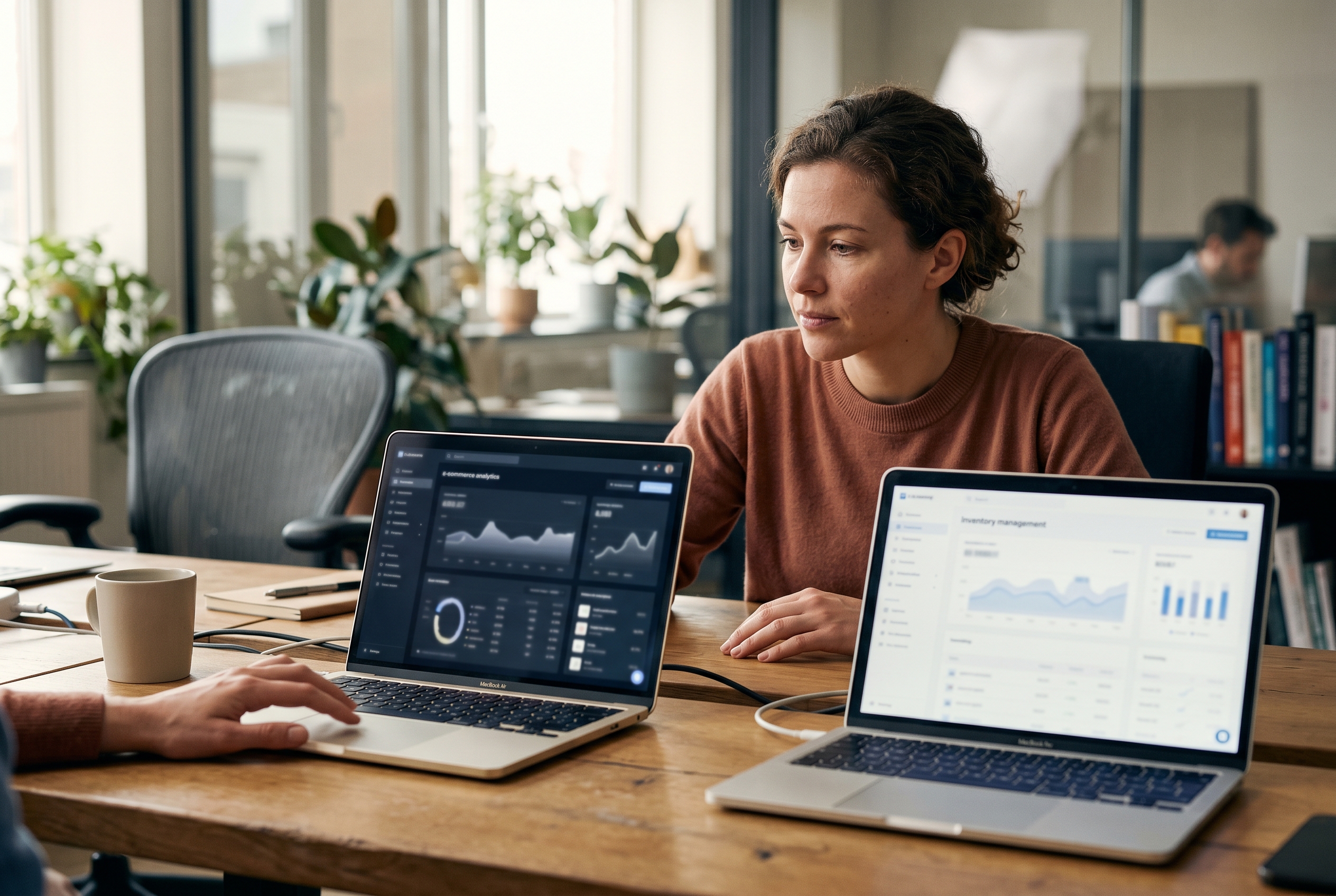Comparison chart floating between two laptops showing different ecommerce dashboards being evaluated by a shopper