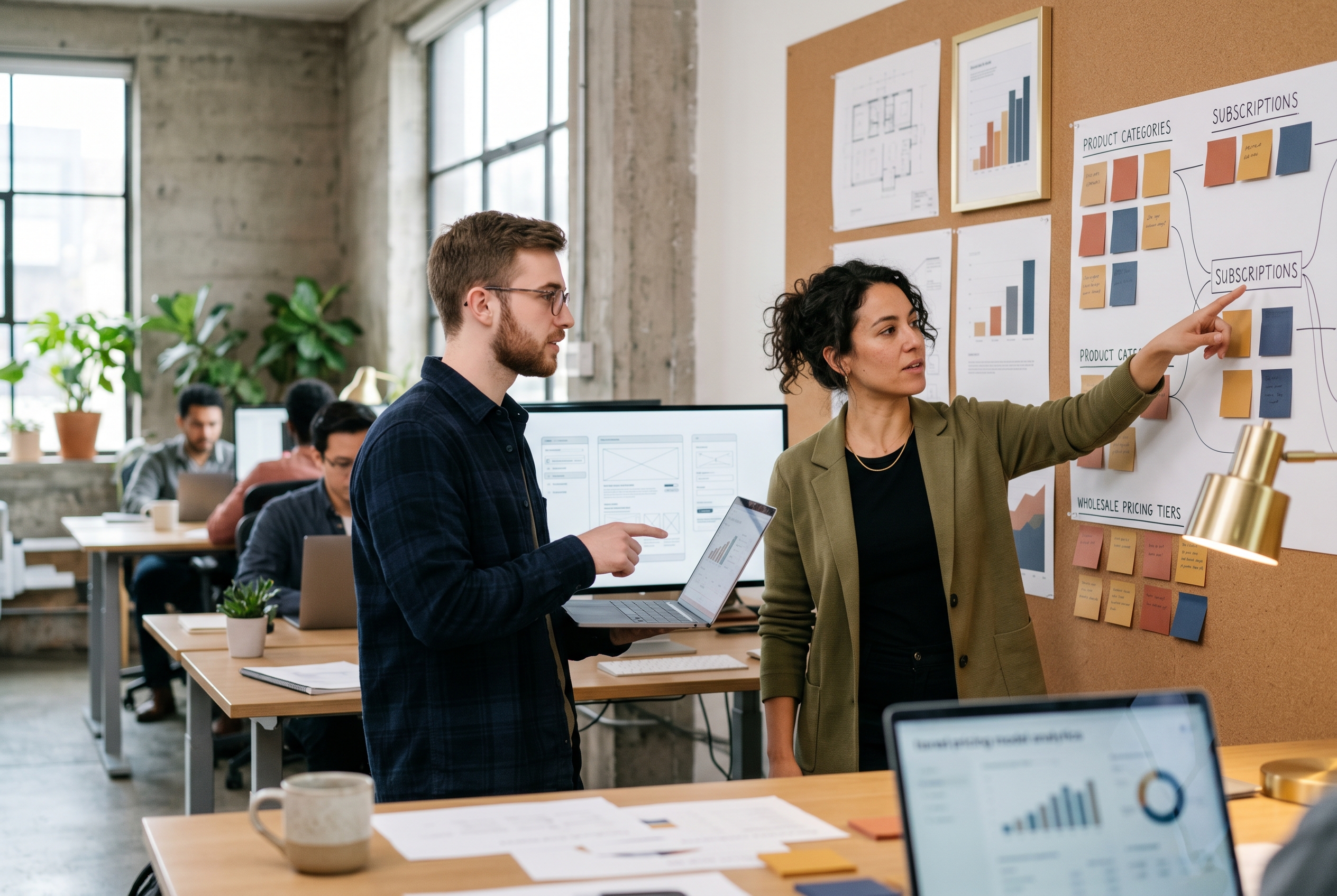 Founder pointing at a roadmap on a wall while their AI assistant outlines product categories subscriptions and wholesale pricing tiers