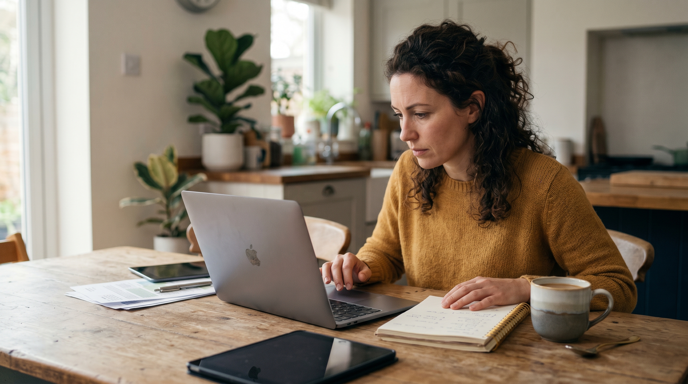 Small business owner reviewing store expenses on a laptop at a kitchen table with a coffee mug and notebook