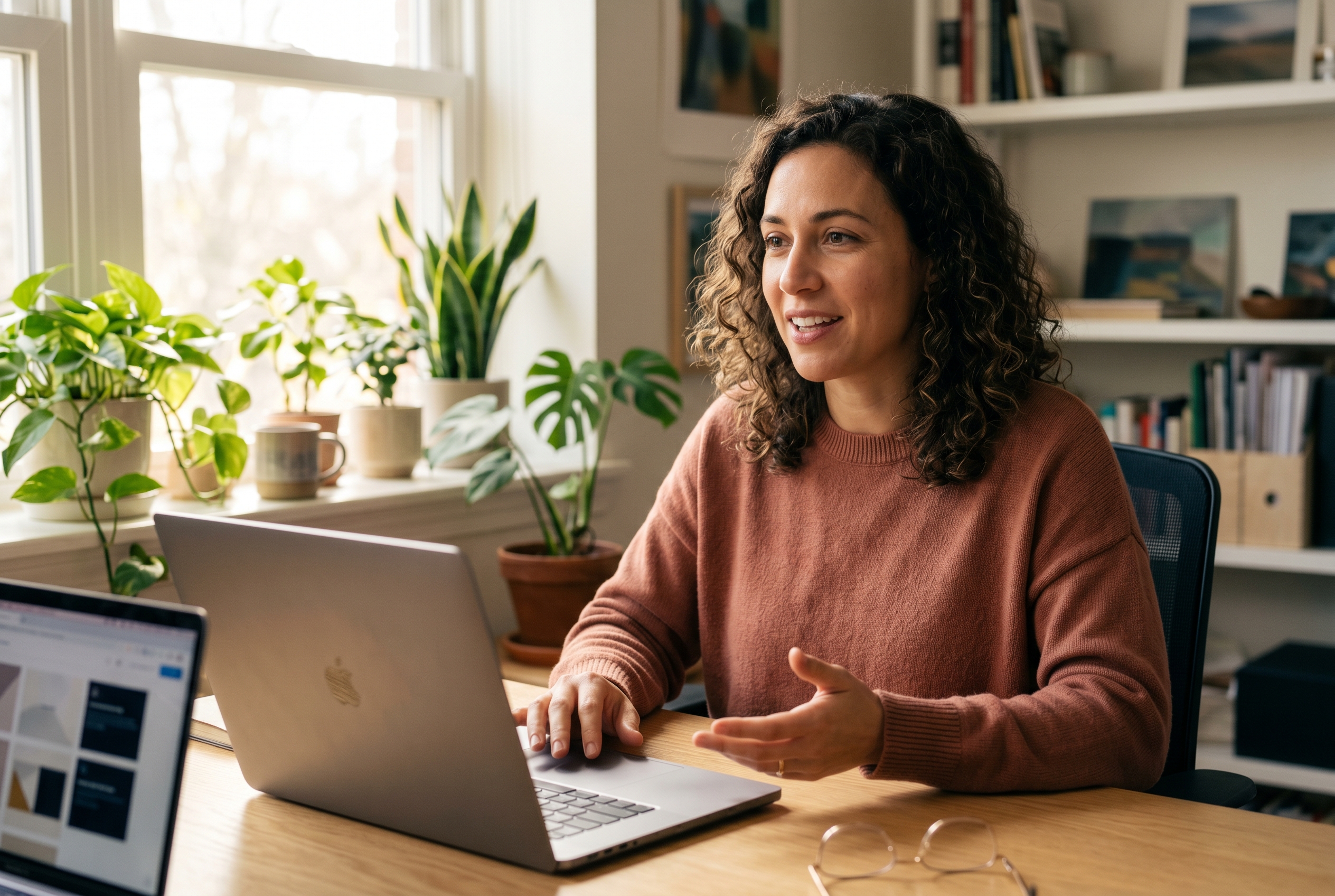 Founder describing her business to an AI store builder on a laptop in a bright home office with plants on the windowsill
