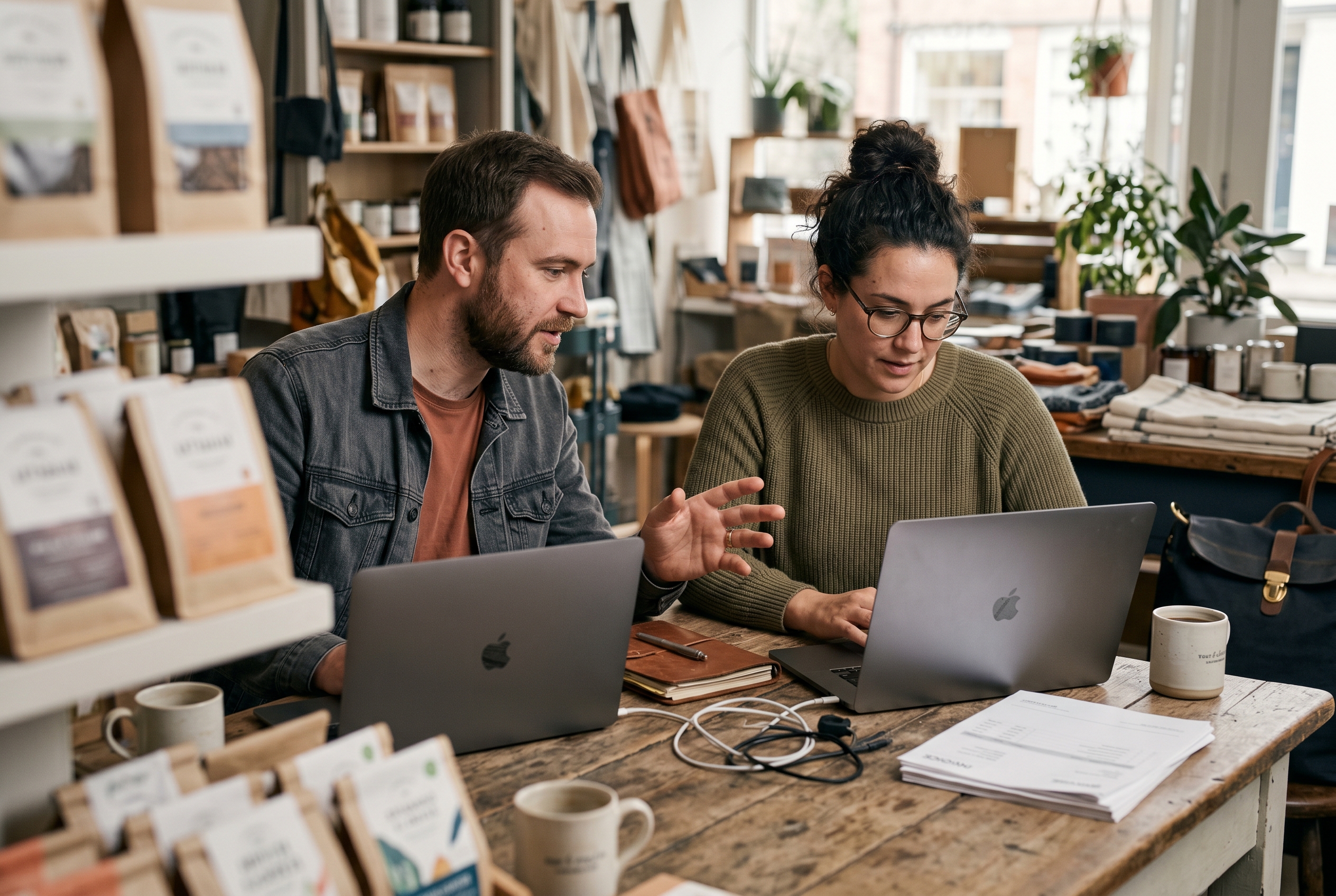 Two business partners comparing two laptop screens of invoices and subscription charges at a wooden desk in a small shop