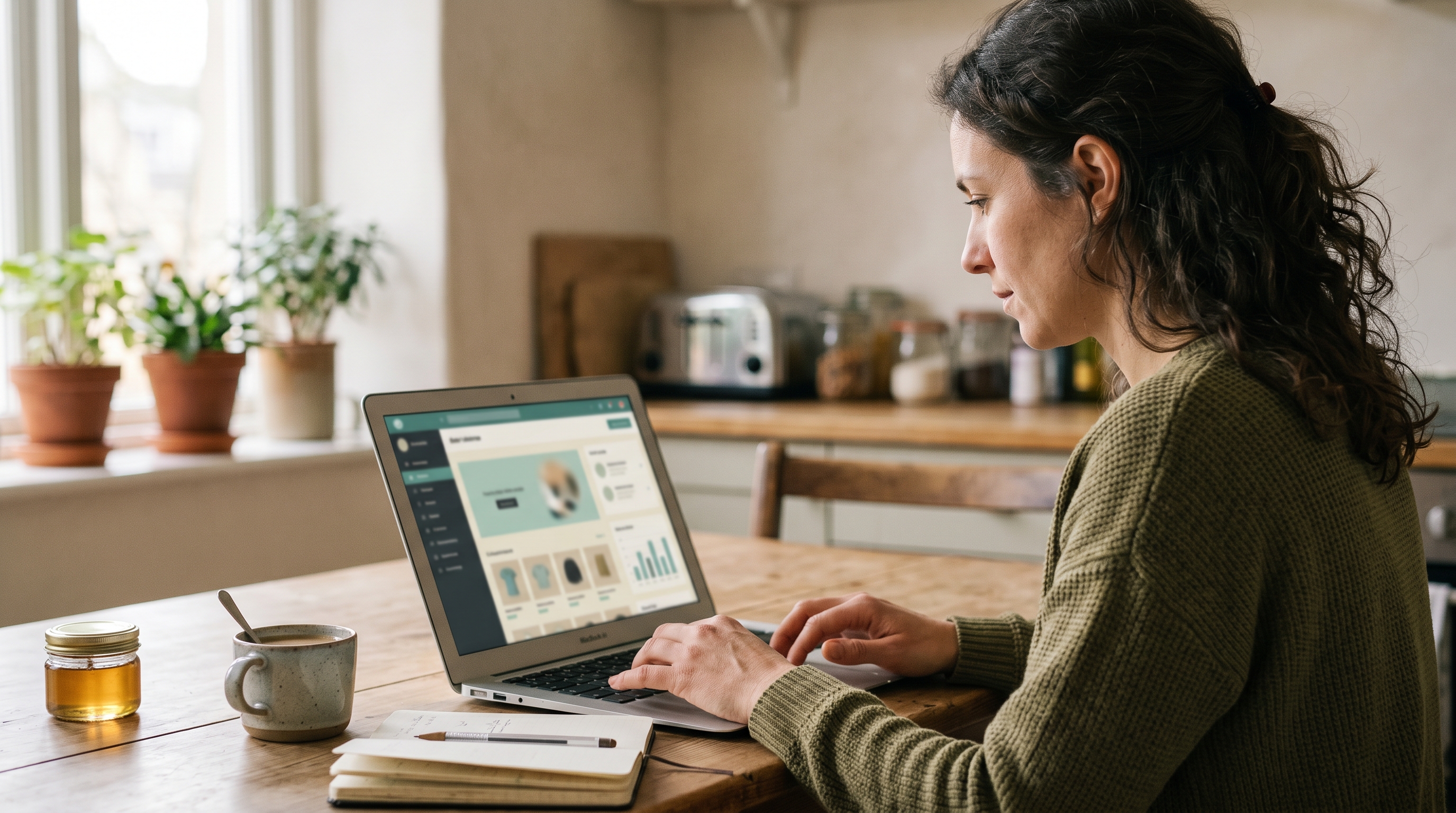 Small business owner reviewing a freshly built online store on a laptop at a kitchen table with coffee