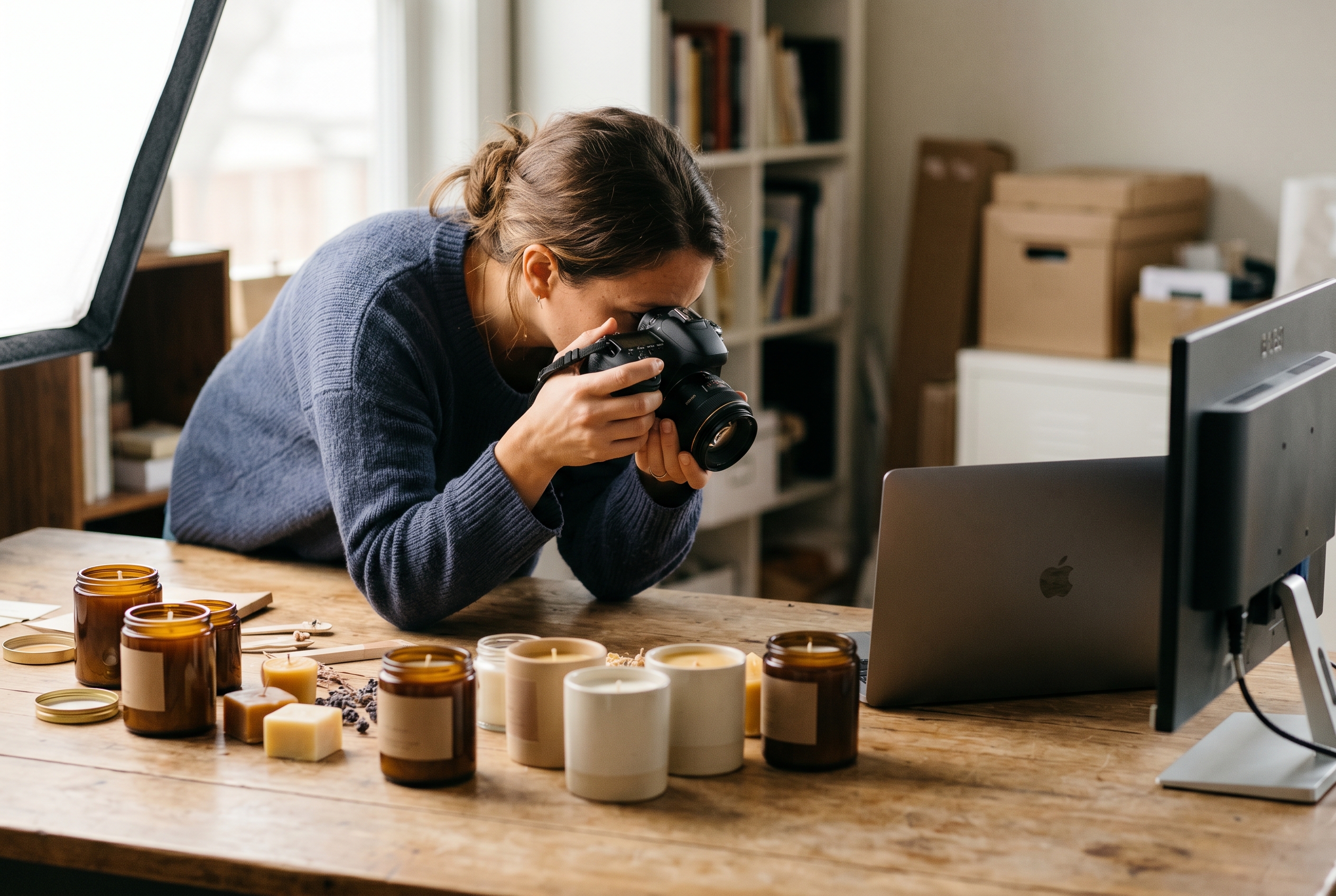 Founder photographing handmade candles on a wooden table with a softbox light for an online store